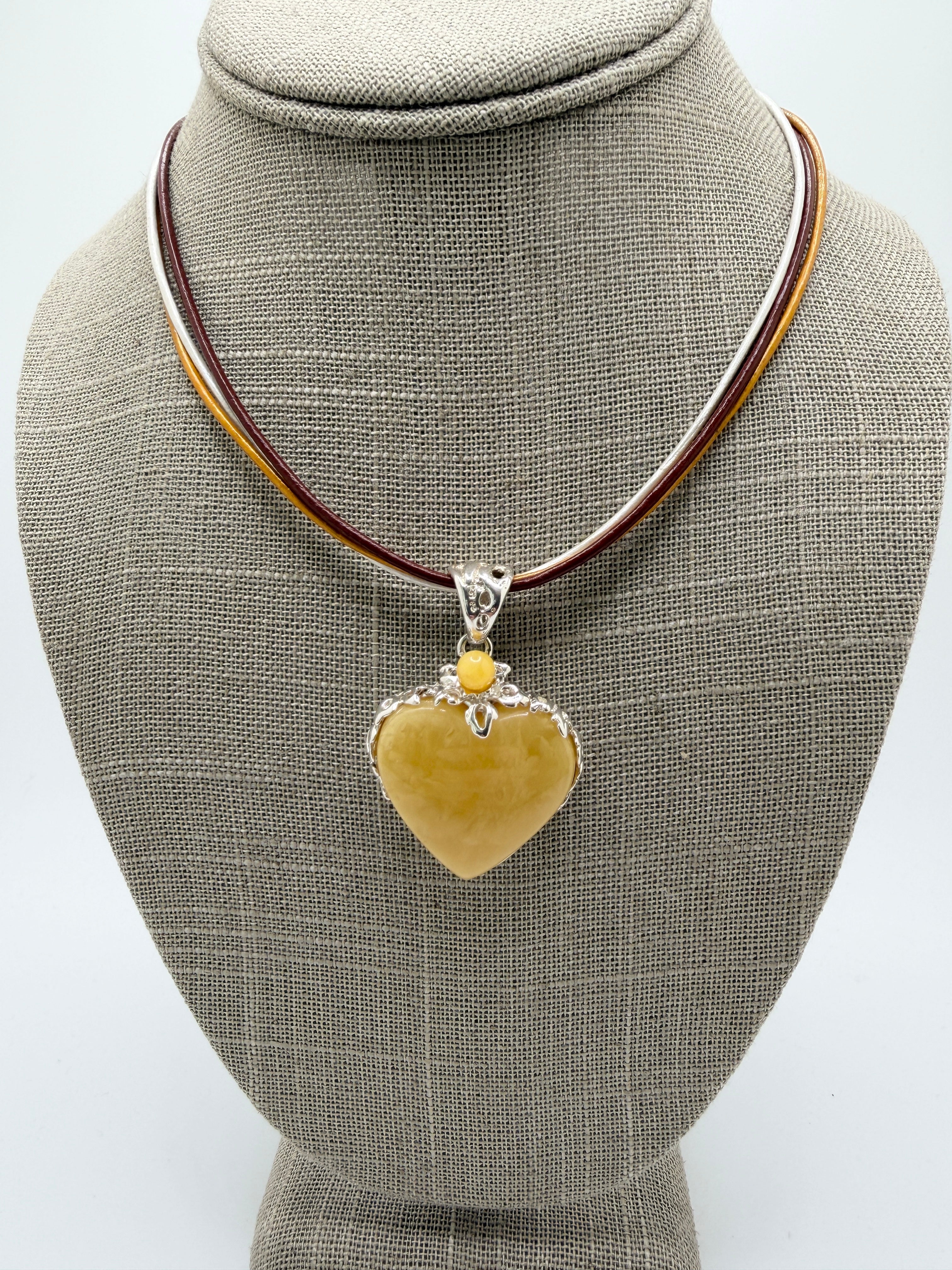 Handmade Sterling Silver Butterscotch Baltic Amber Heart Pendant on Tricolor Leather Necklace – 18” + 2” Extension