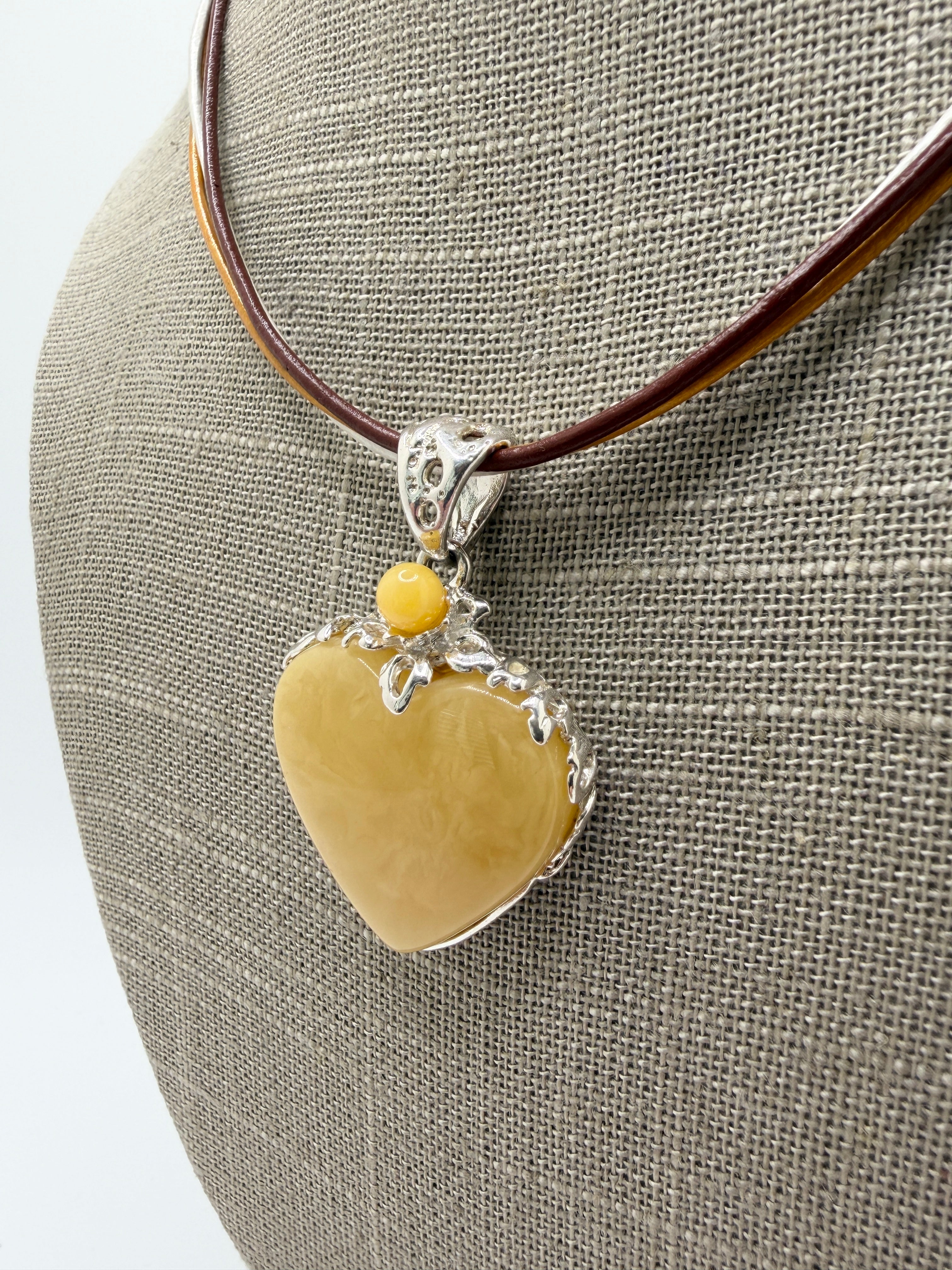 Handmade Sterling Silver Butterscotch Baltic Amber Heart Pendant on Tricolor Leather Necklace – 18” + 2” Extension