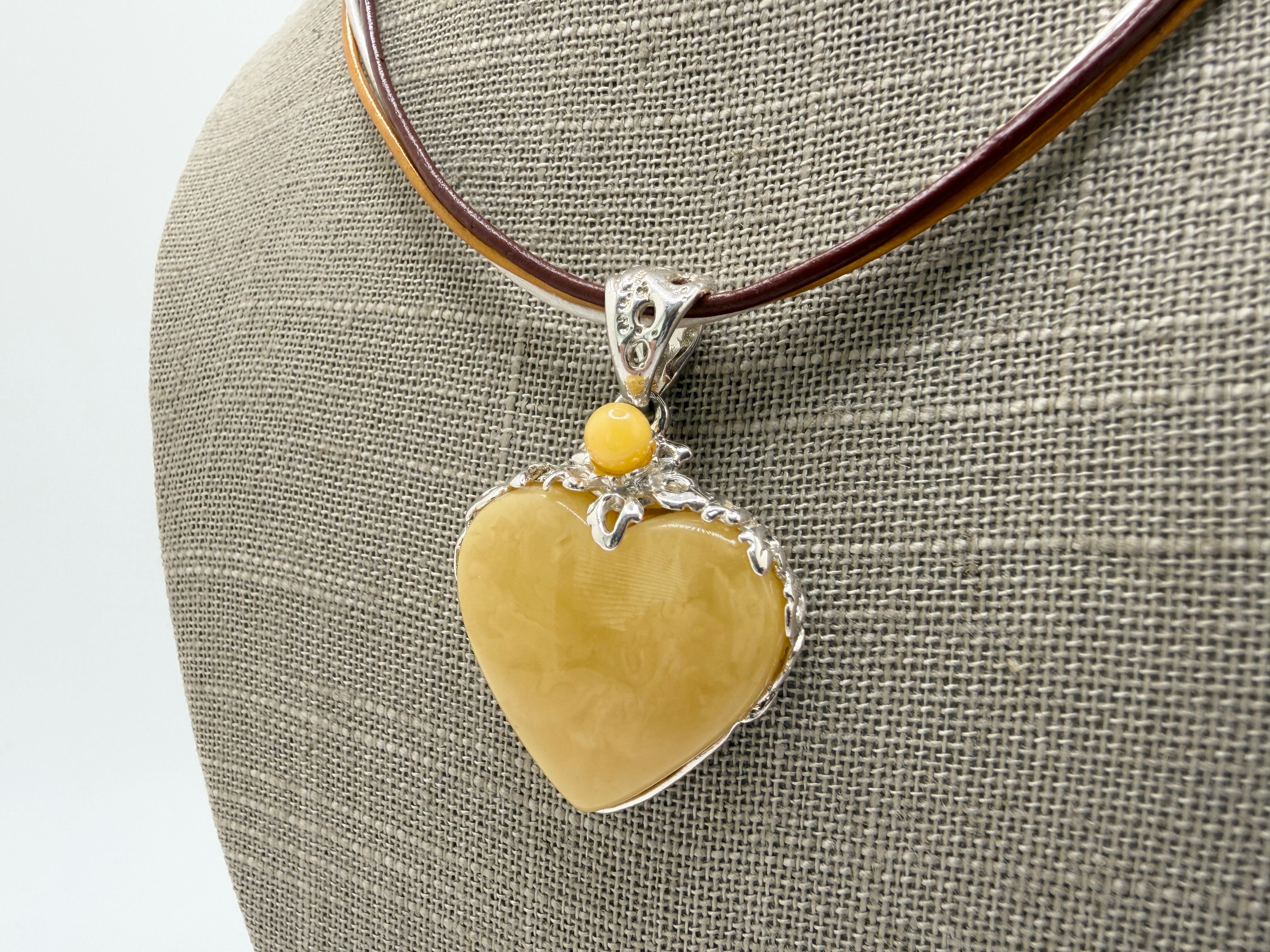 Handmade Sterling Silver Butterscotch Baltic Amber Heart Pendant on Tricolor Leather Necklace – 18” + 2” Extension