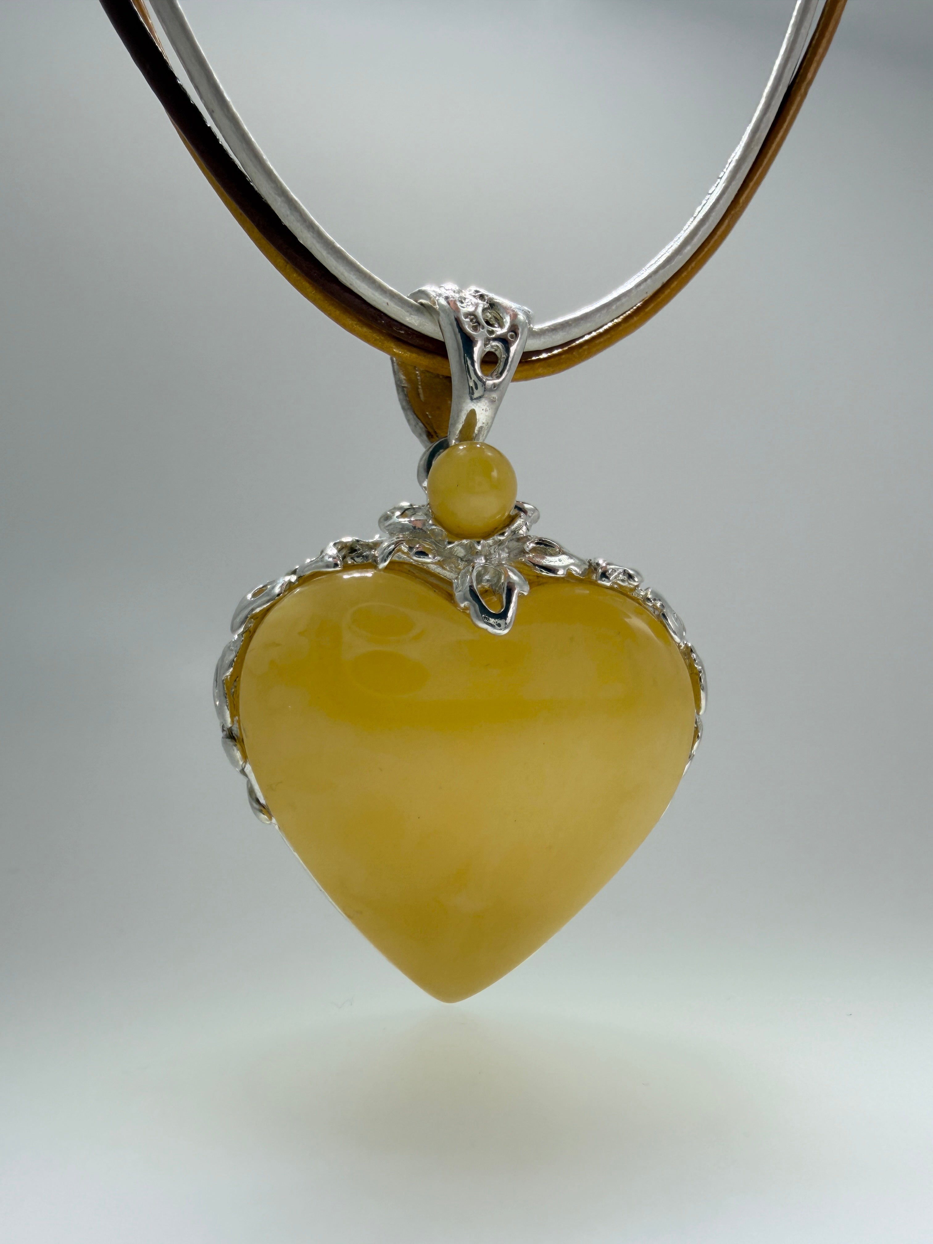 Handmade Sterling Silver Butterscotch Baltic Amber Heart Pendant on Tricolor Leather Necklace – 18” + 2” Extension
