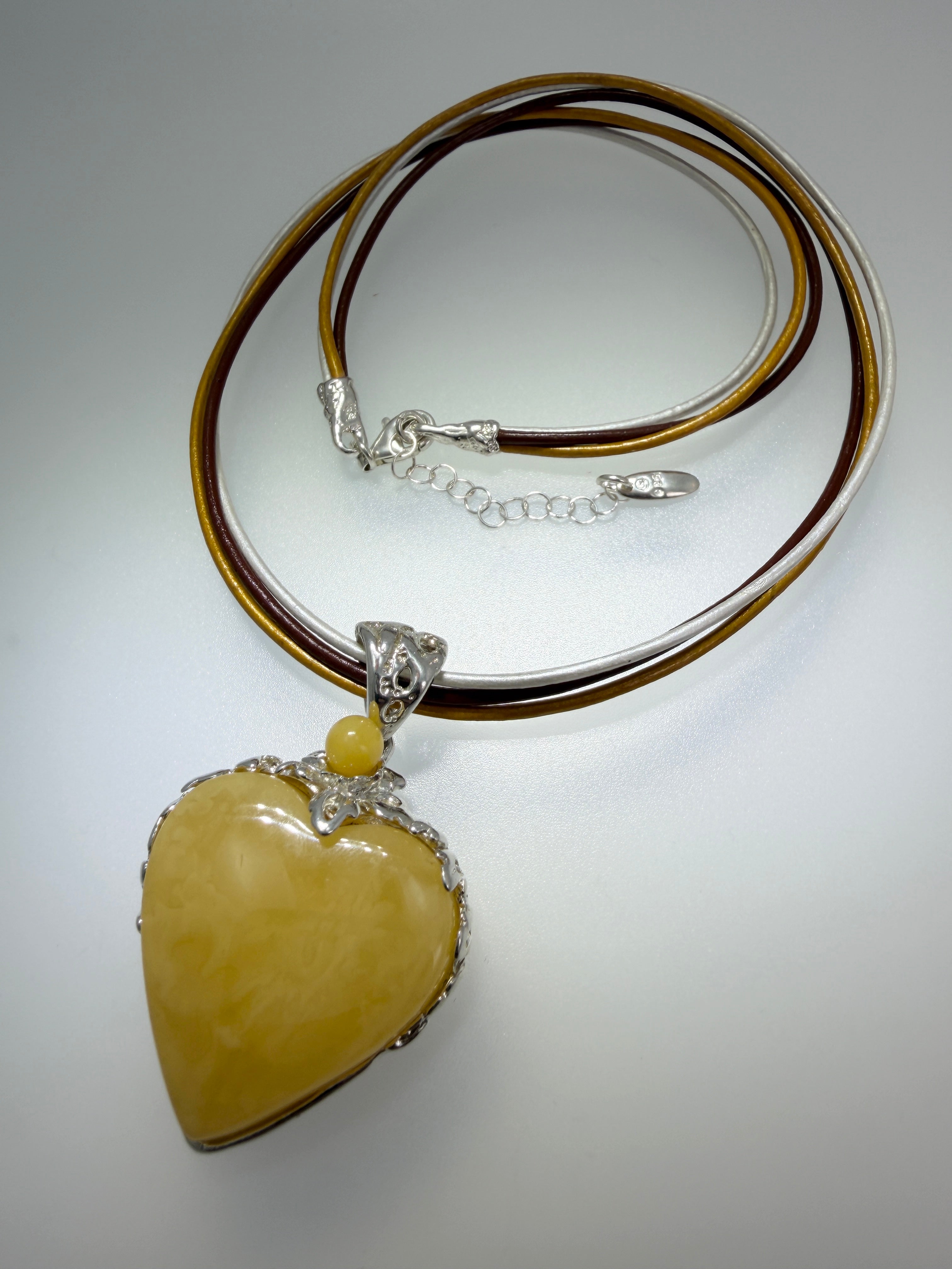 Handmade Sterling Silver Butterscotch Baltic Amber Heart Pendant on Tricolor Leather Necklace – 18” + 2” Extension
