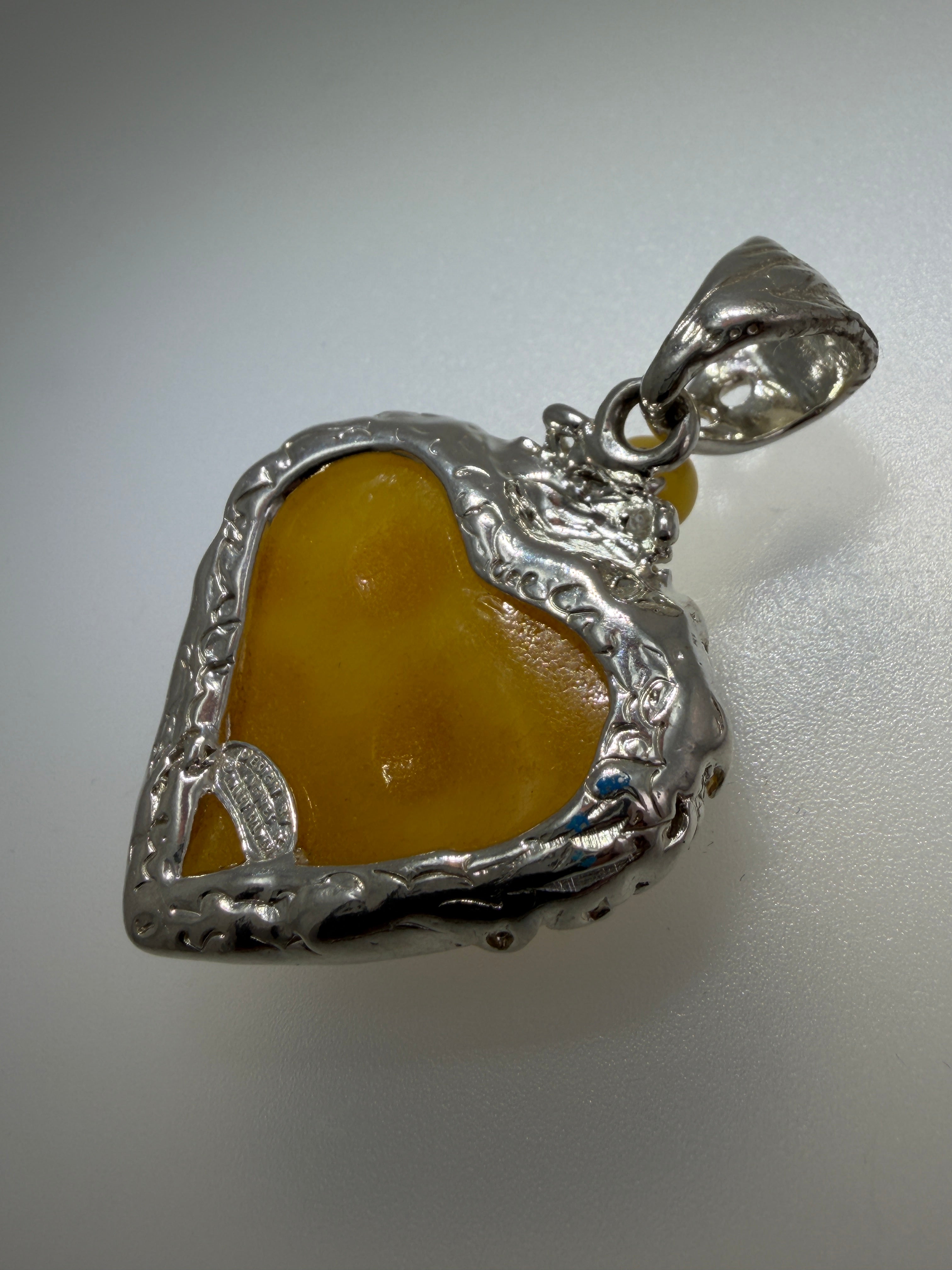 Handmade Sterling Silver Butterscotch Baltic Amber Heart Pendant on Tricolor Leather Necklace – 18” + 2” Extension