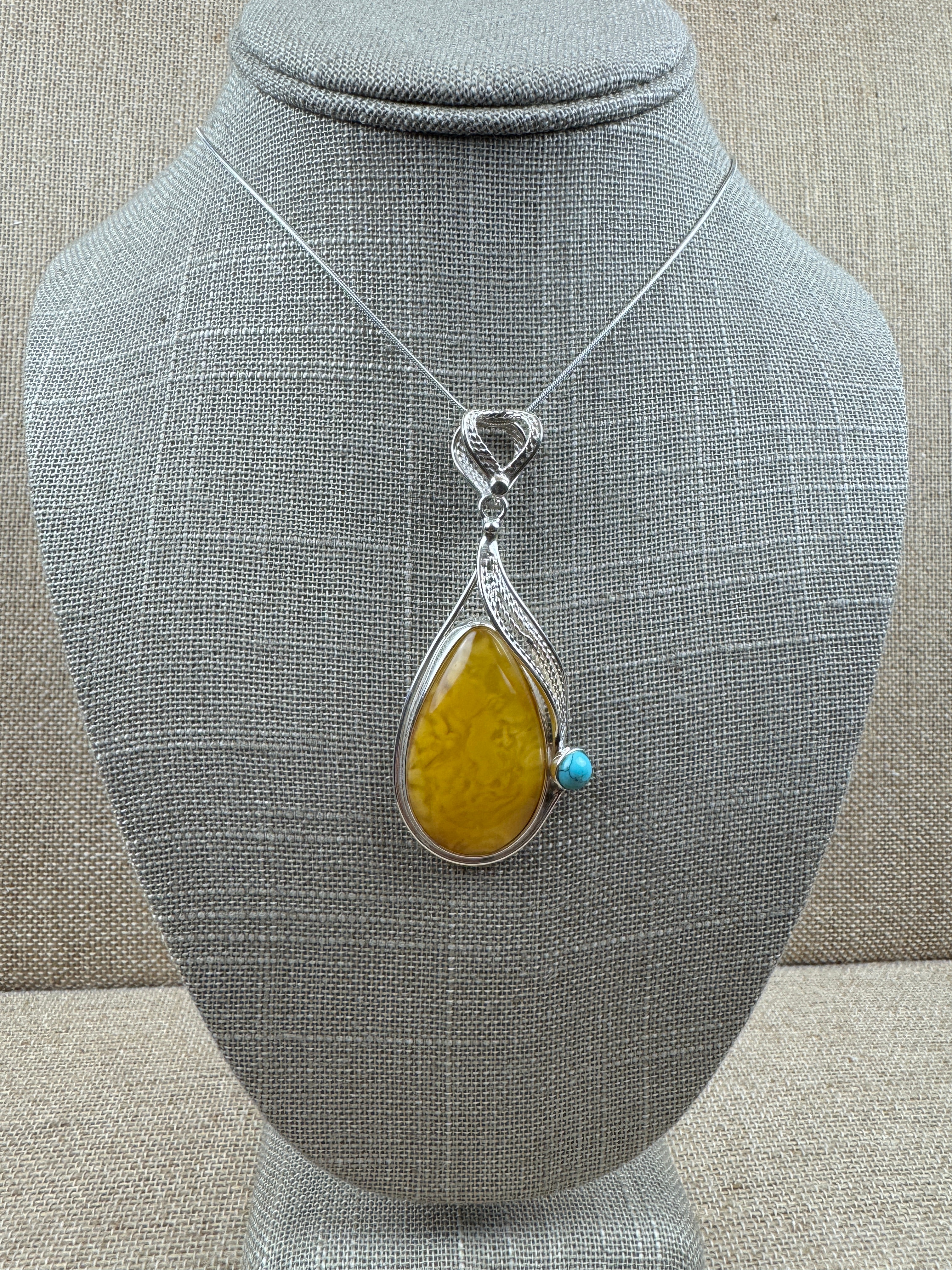 Handmade Sterling Silver Butterscotch Baltic Amber Pendant with Turquoise