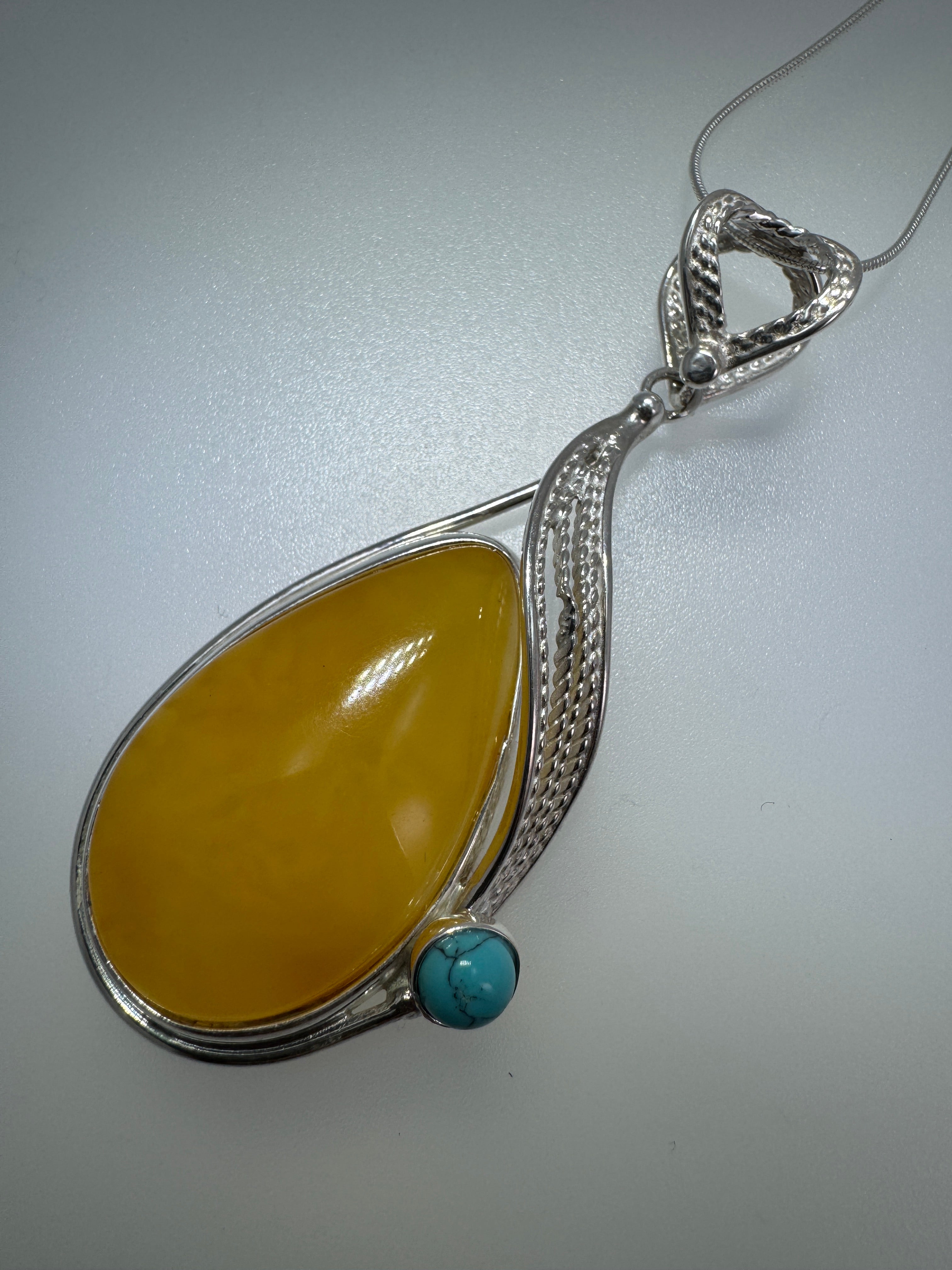 Handmade Sterling Silver Butterscotch Baltic Amber Pendant with Turquoise