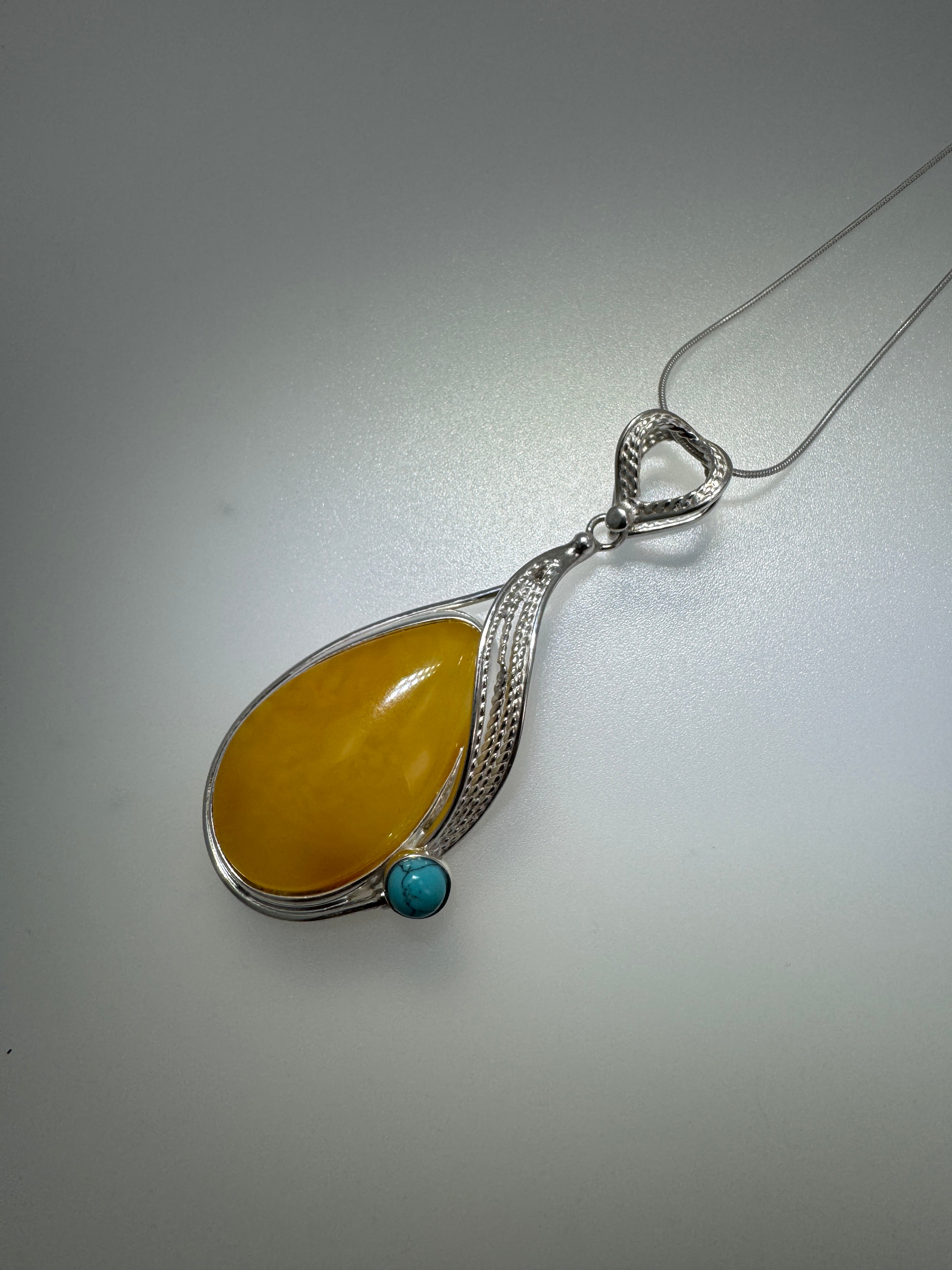 Handmade Sterling Silver Butterscotch Baltic Amber Pendant with Turquoise