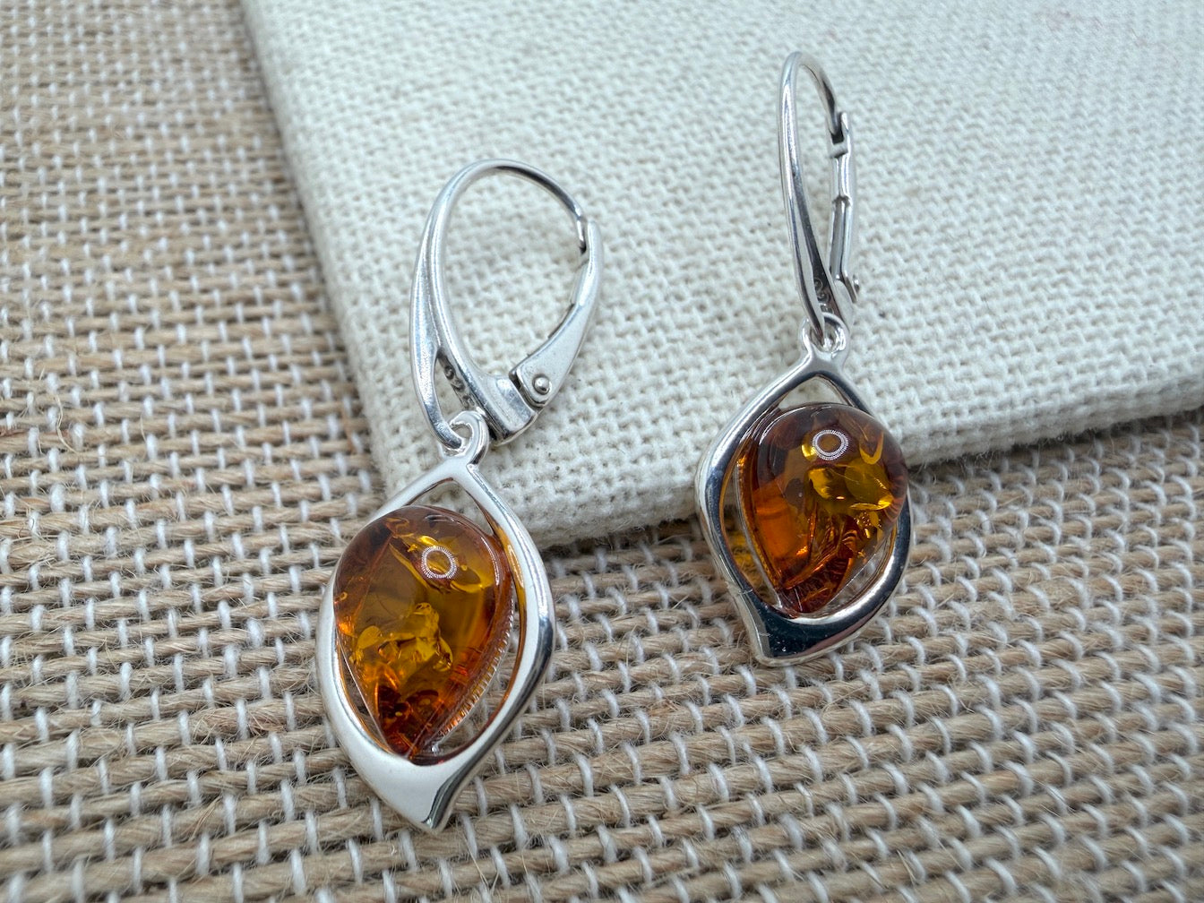 Handmade Sterling Silver Cognac Baltic Amber Marquise Drop Lever Back Earrings