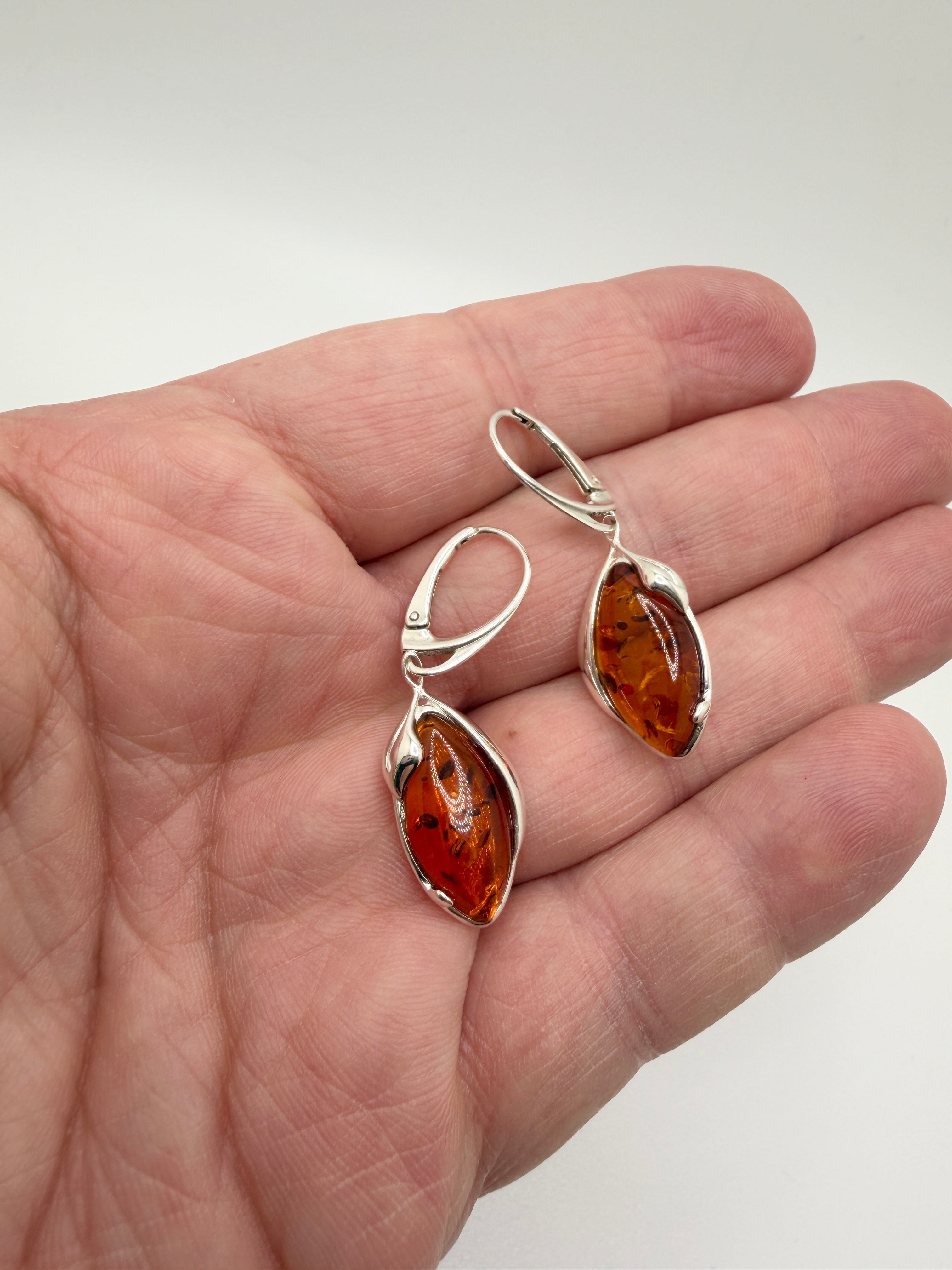 Handmade Sterling Silver Cognac Baltic Amber Marquise Drop Lever Back Earrings | Lightweight Elegant Polish Jewelry