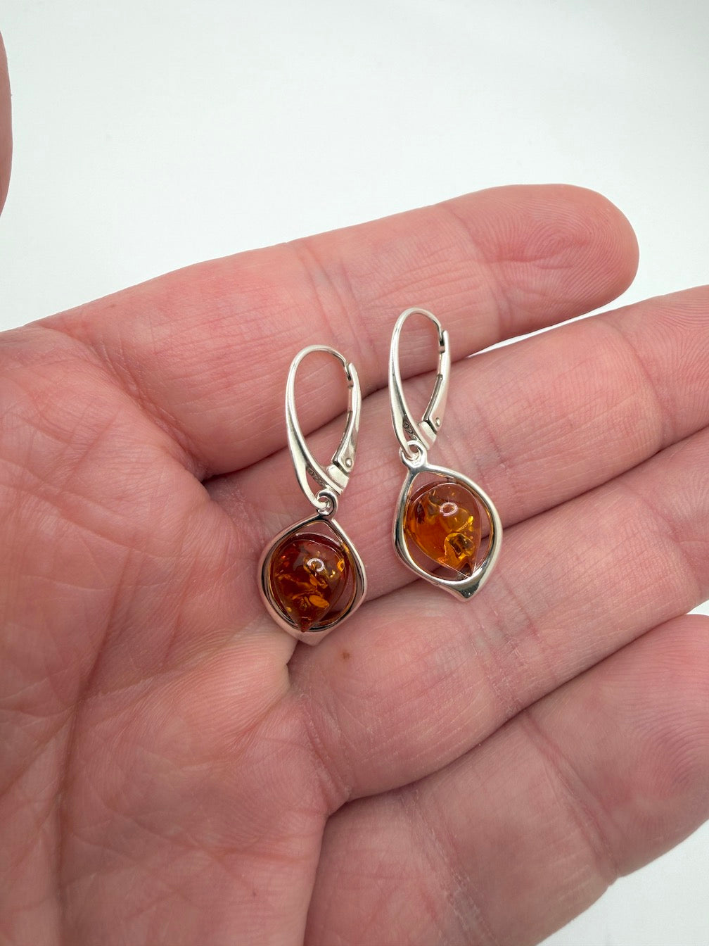 Handmade Sterling Silver Cognac Baltic Amber Marquise Drop Lever Back Earrings