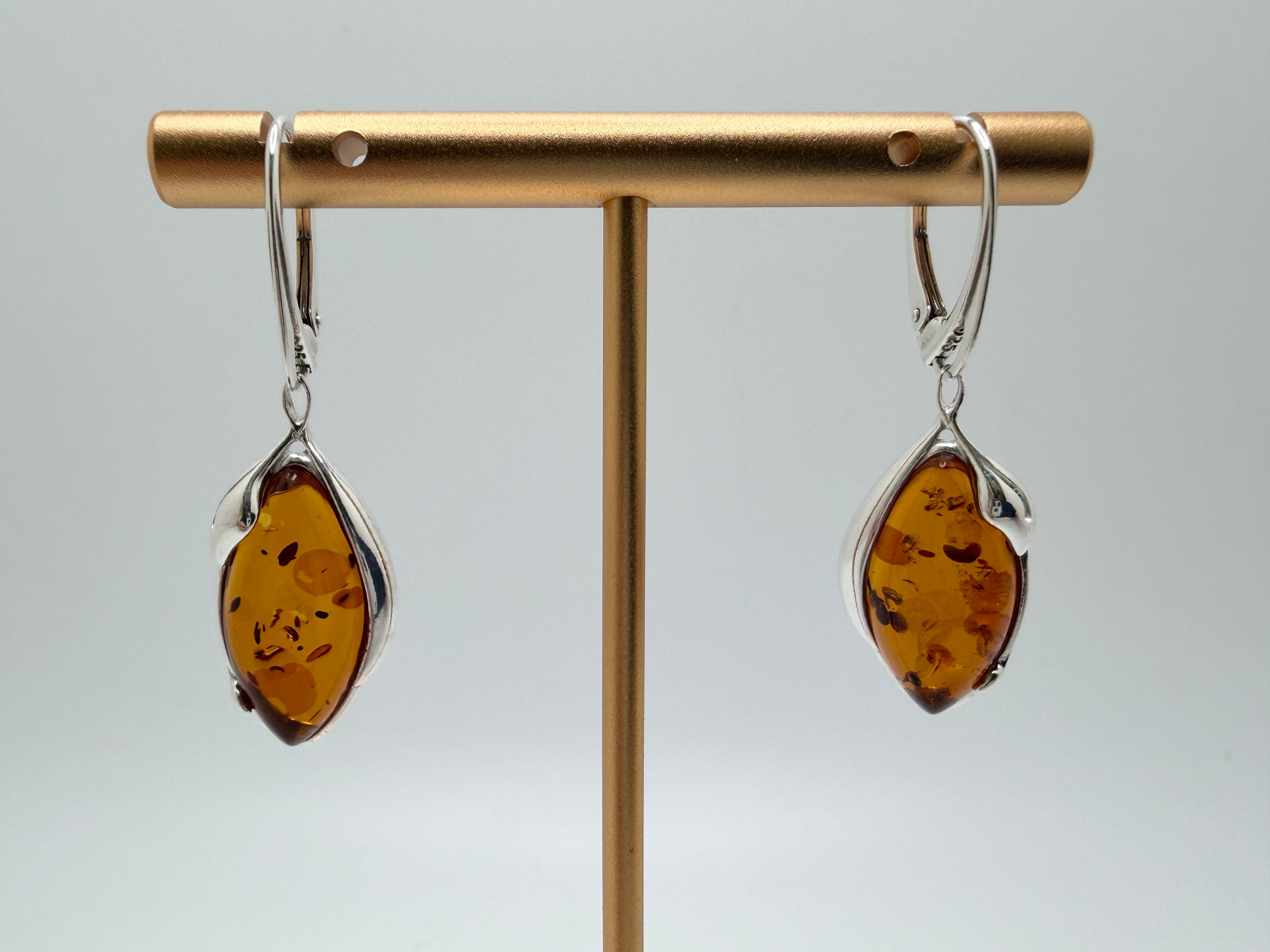 Handmade Sterling Silver Cognac Baltic Amber Marquise Drop Lever Back Earrings | Lightweight Elegant Polish Jewelry