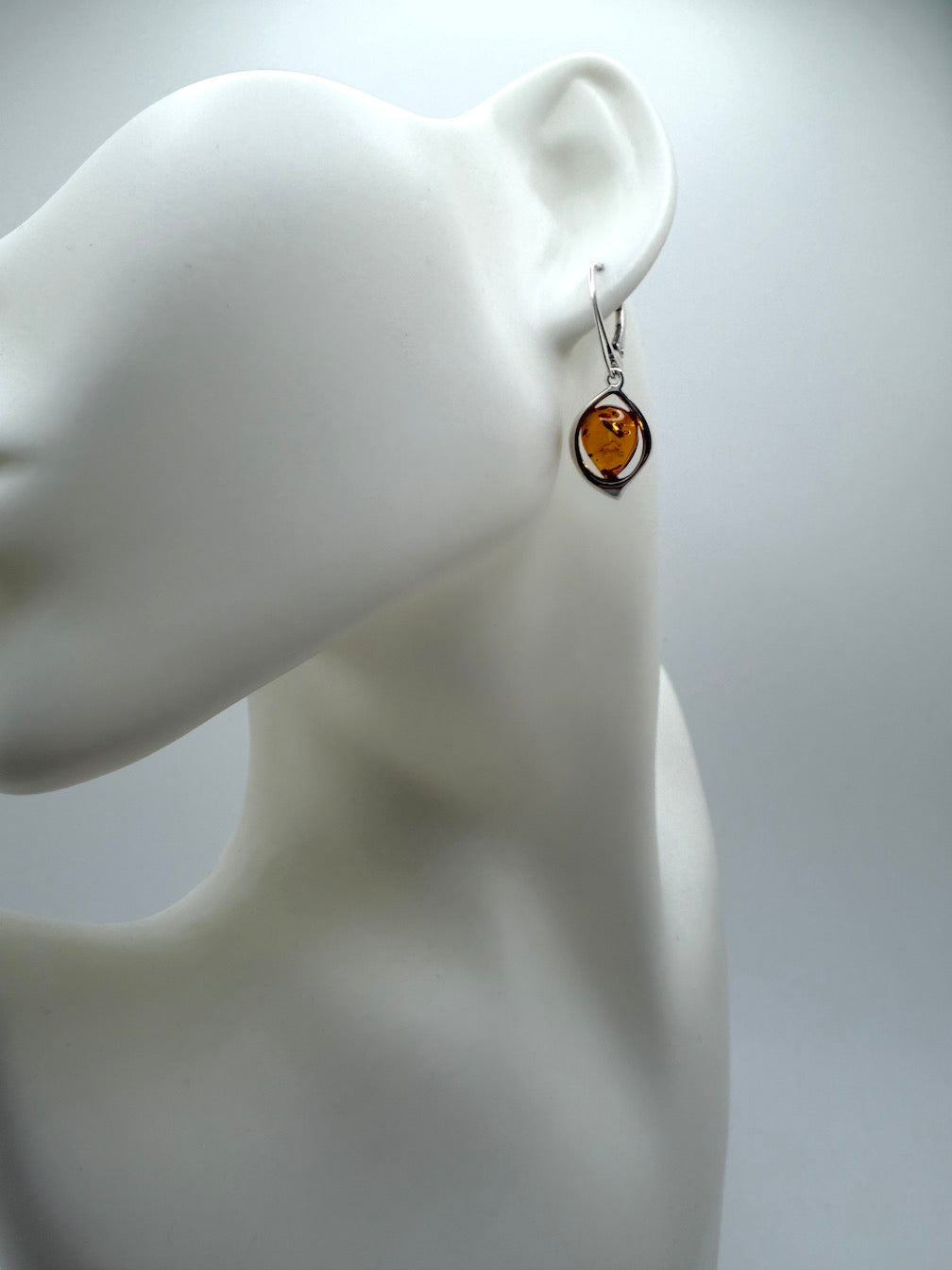 Handmade Sterling Silver Cognac Baltic Amber Marquise Drop Lever Back Earrings