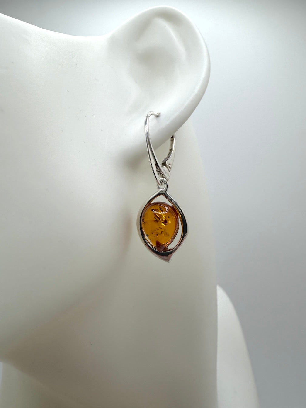 Handmade Sterling Silver Cognac Baltic Amber Marquise Drop Lever Back Earrings