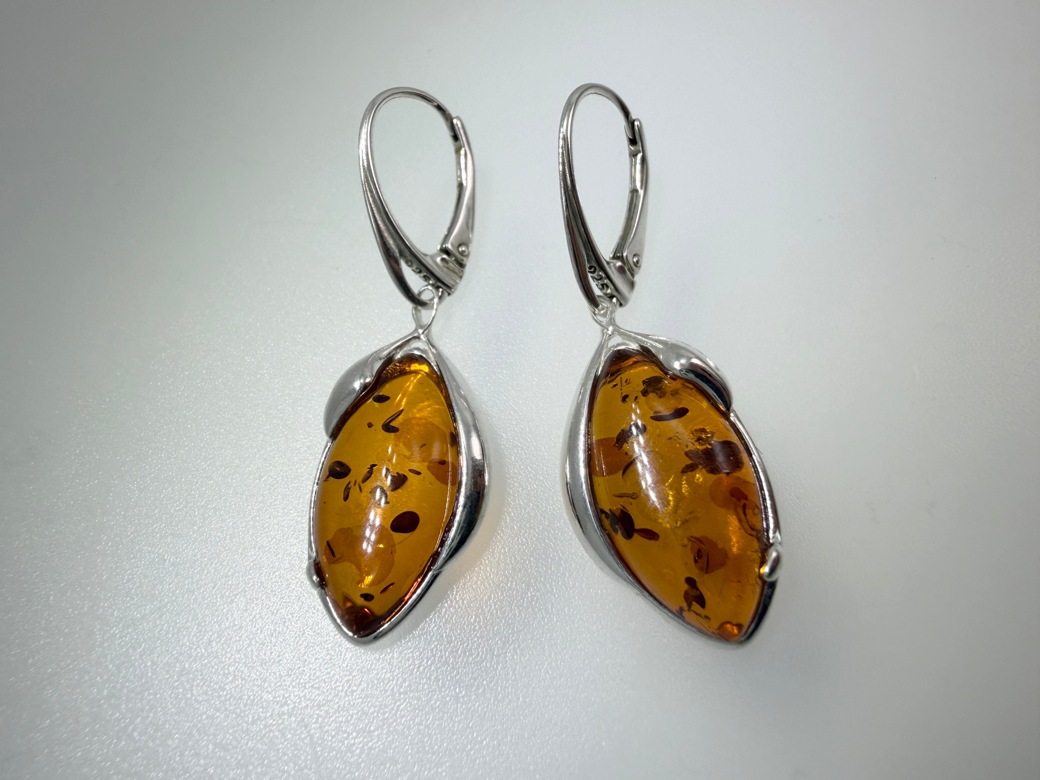 Handmade Sterling Silver Cognac Baltic Amber Marquise Drop Lever Back Earrings | Lightweight Elegant Polish Jewelry