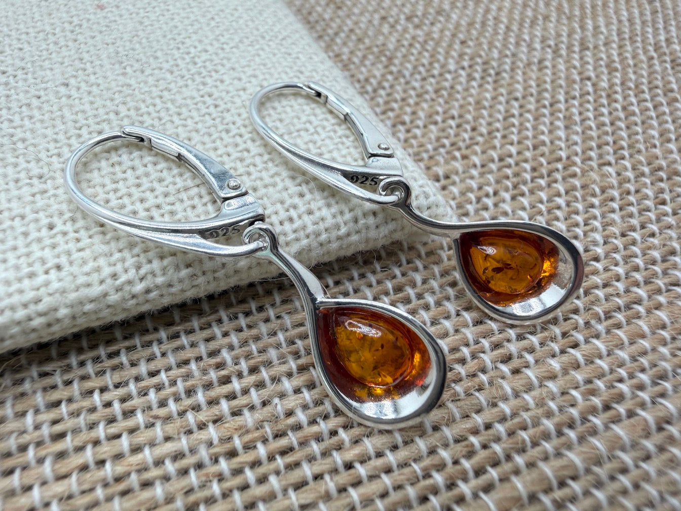 Handmade Sterling Silver Cognac Baltic Amber Oval Drop Lever Back Earrings