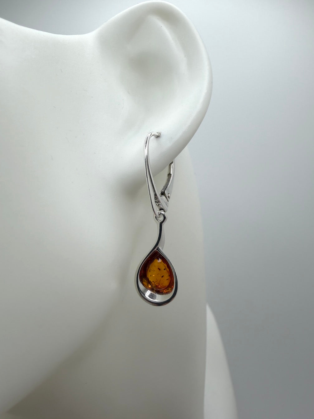 Handmade Sterling Silver Cognac Baltic Amber Oval Drop Lever Back Earrings