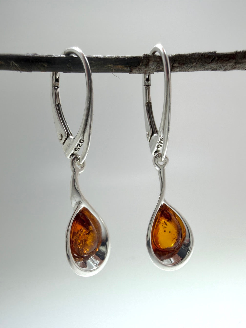 Handmade Sterling Silver Cognac Baltic Amber Oval Drop Lever Back Earrings
