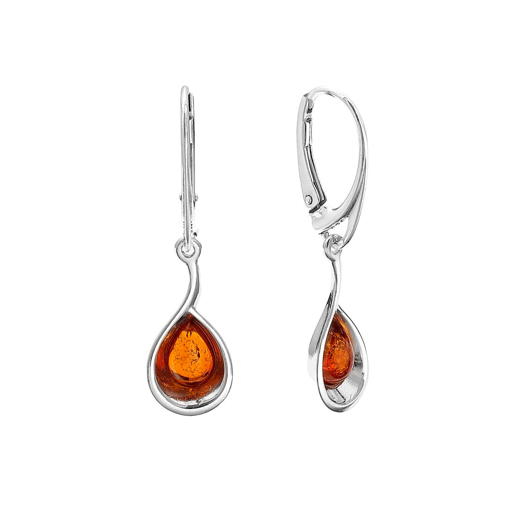 Handmade Sterling Silver Cognac Baltic Amber Oval Drop Lever Back Earrings