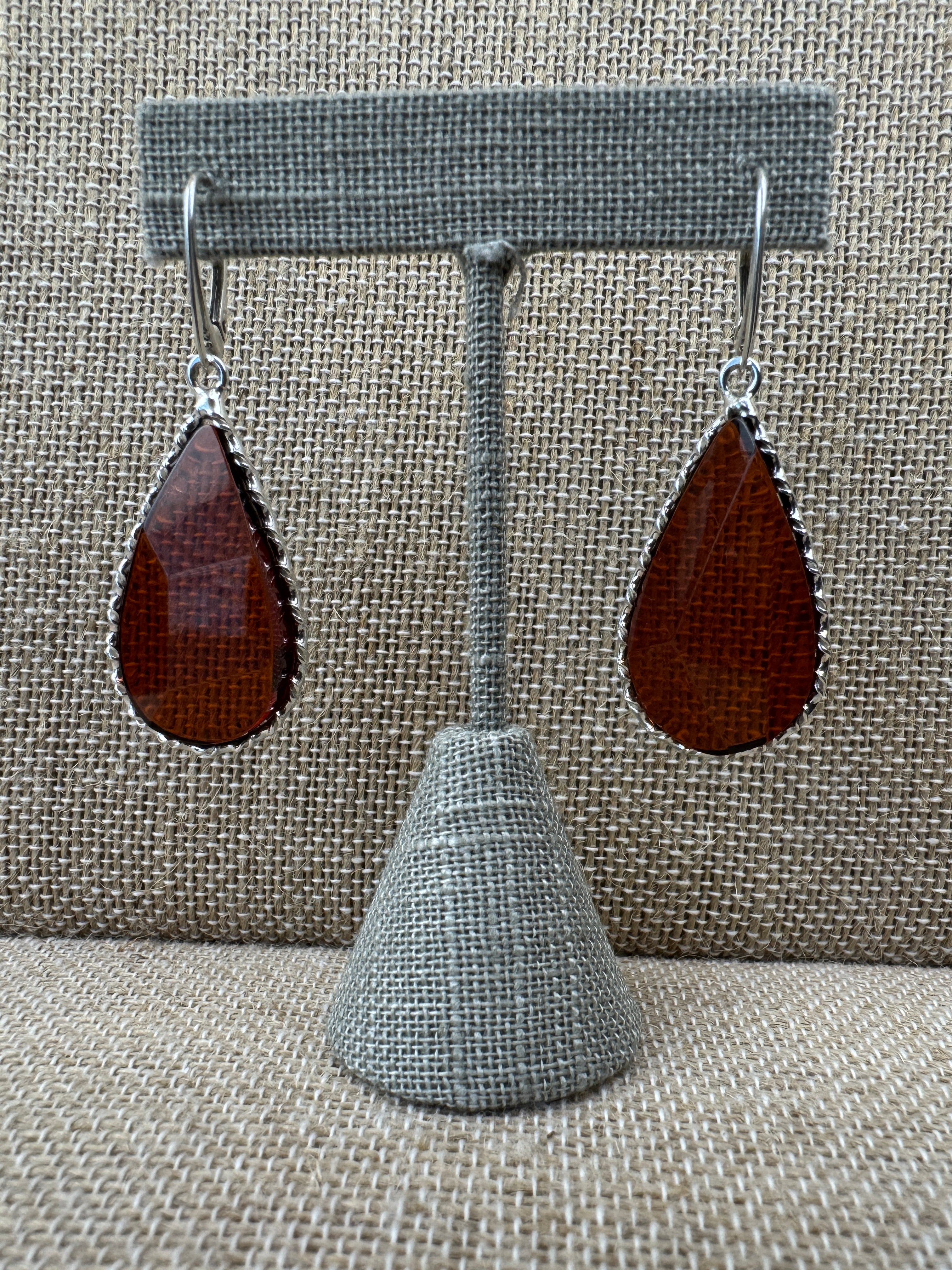 Handmade Sterling Silver Faceted Cherry Baltic Amber Lever Back Dangle Earrings – Rare Oversized Statement Earrings