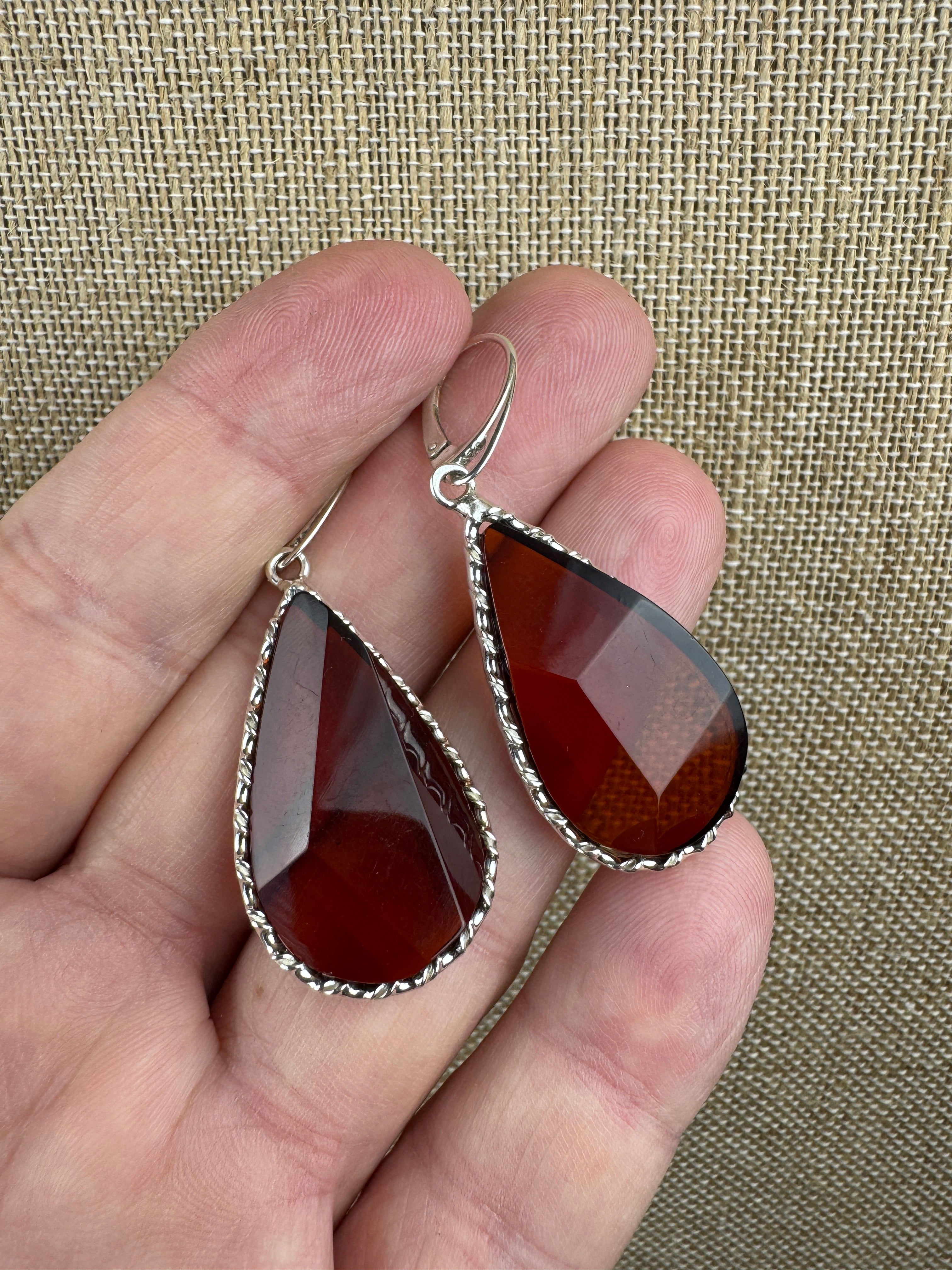 Handmade Sterling Silver Faceted Cherry Baltic Amber Lever Back Dangle Earrings – Rare Oversized Statement Earrings