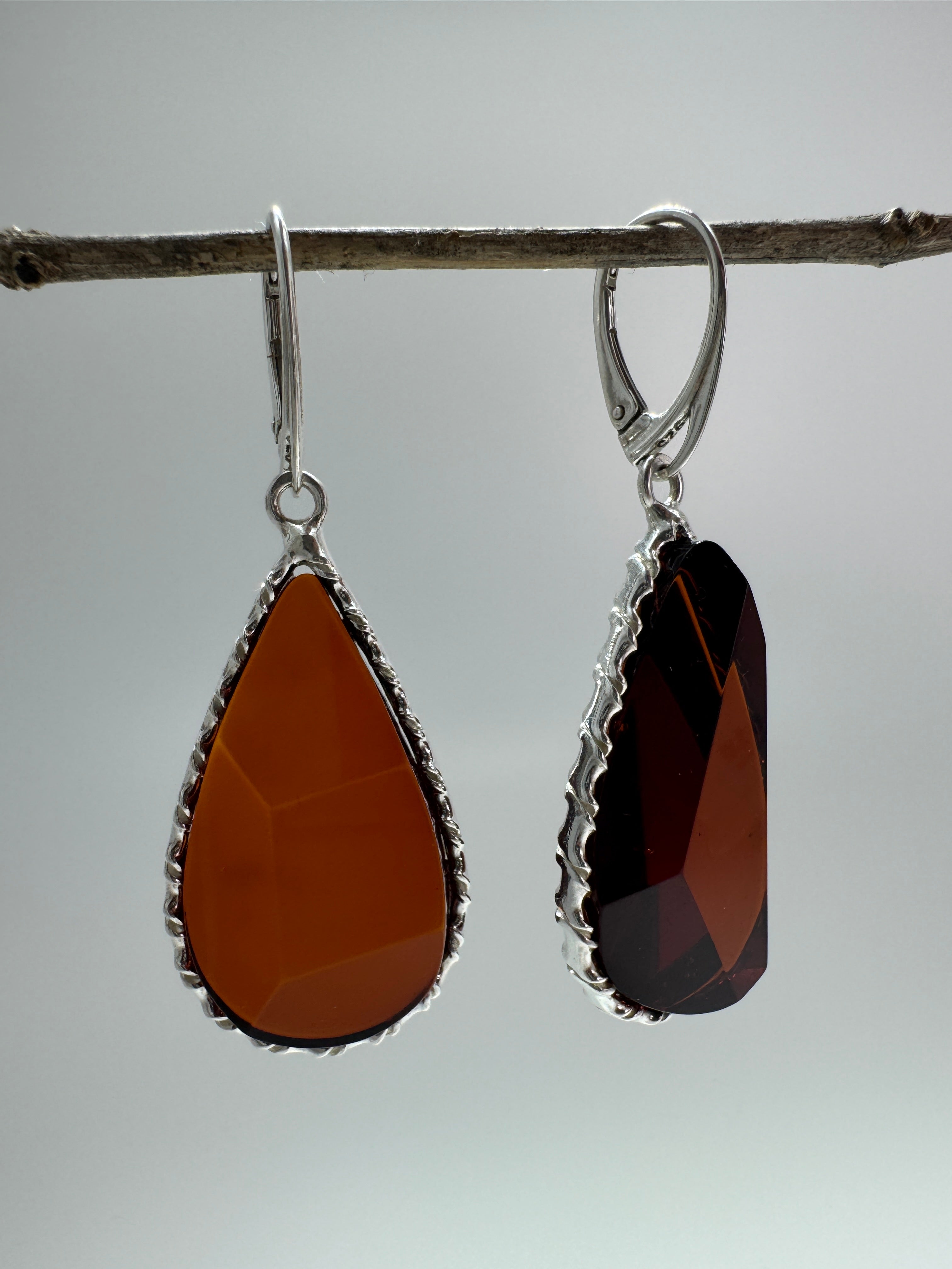 Handmade Sterling Silver Faceted Cherry Baltic Amber Lever Back Dangle Earrings – Rare Oversized Statement Earrings