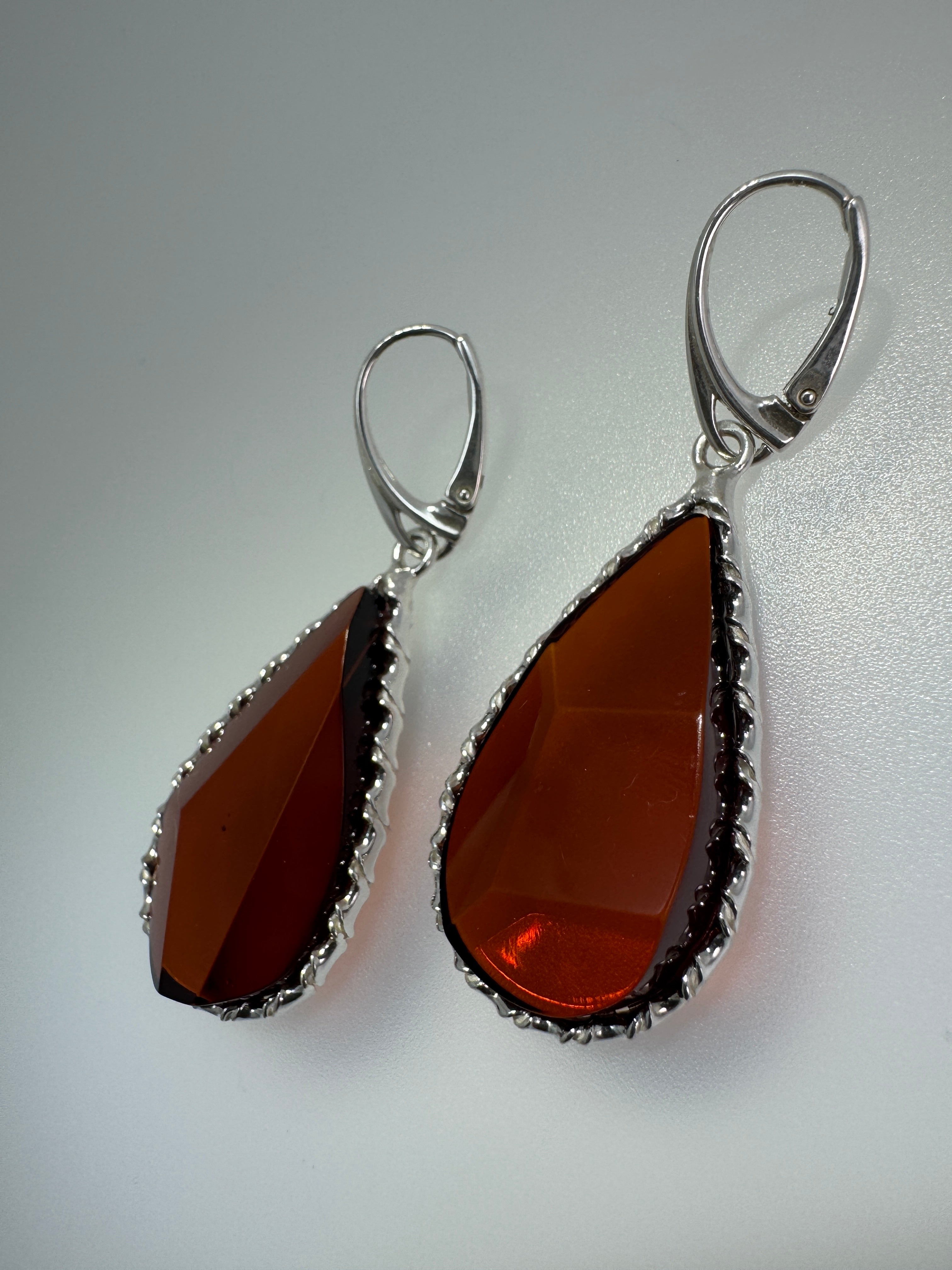 Handmade Sterling Silver Faceted Cherry Baltic Amber Lever Back Dangle Earrings – Rare Oversized Statement Earrings