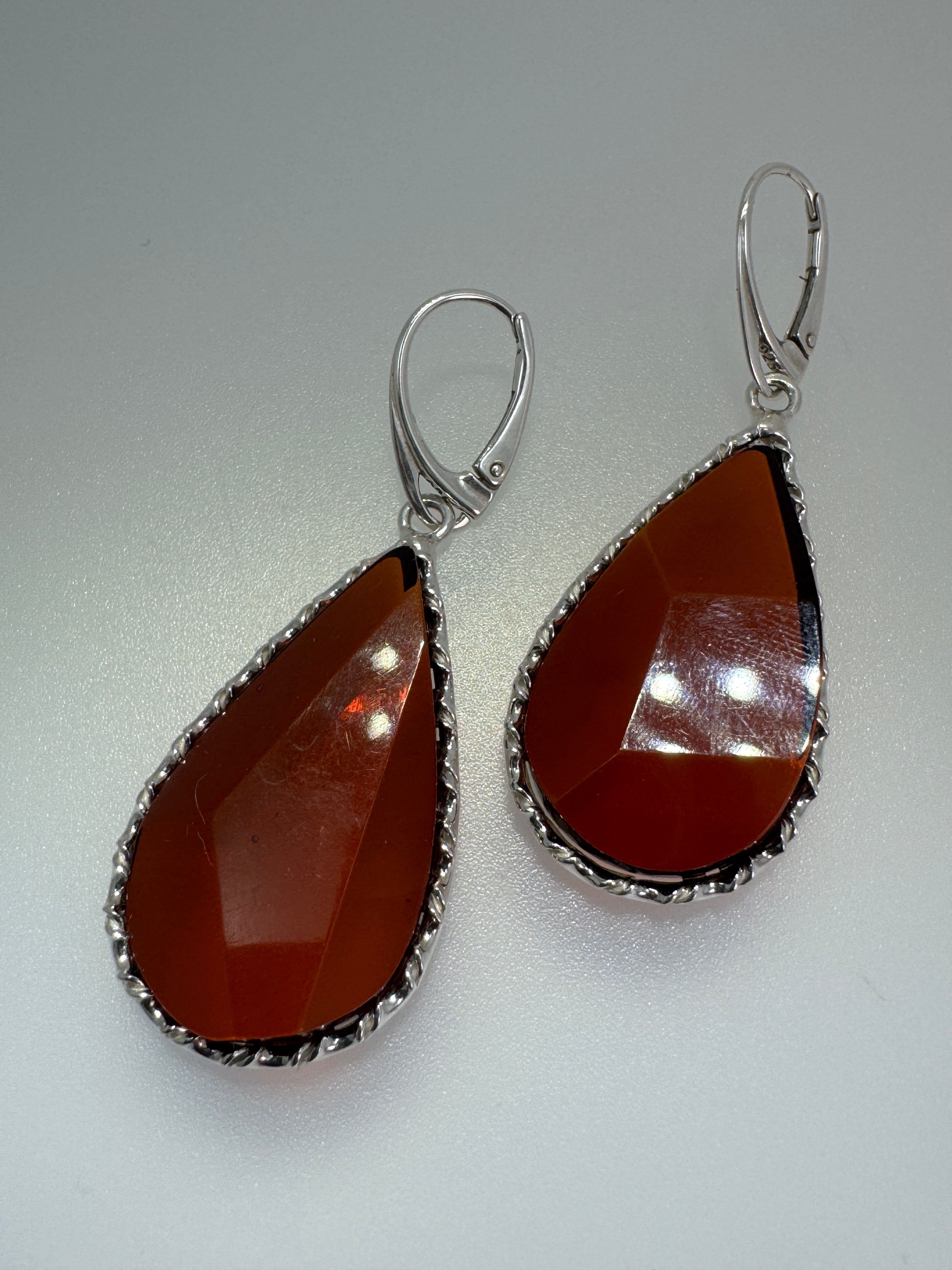 Handmade Sterling Silver Faceted Cherry Baltic Amber Lever Back Dangle Earrings – Rare Oversized Statement Earrings