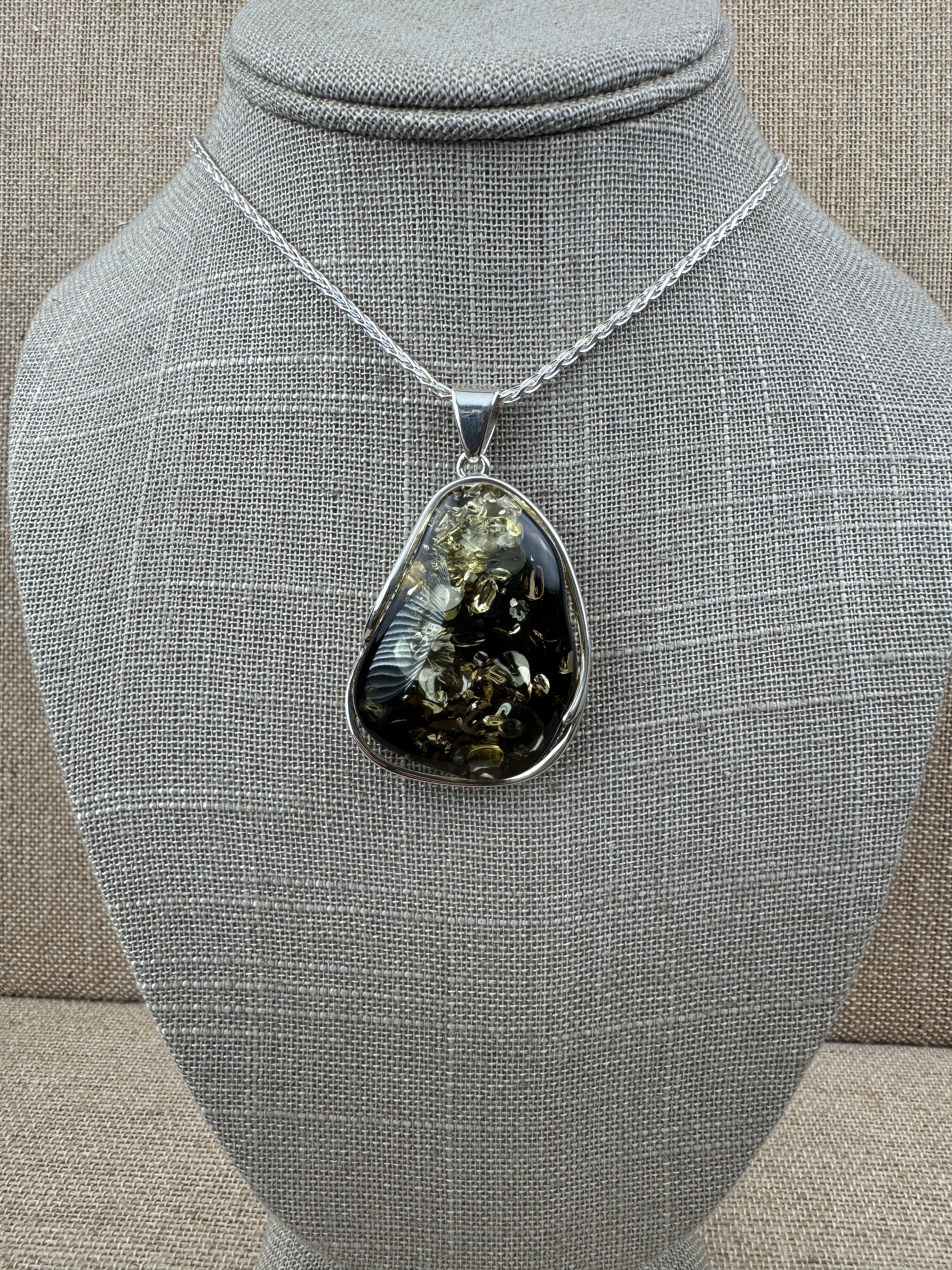 Handmade Sterling Silver Green Baltic Amber Pendant Necklace