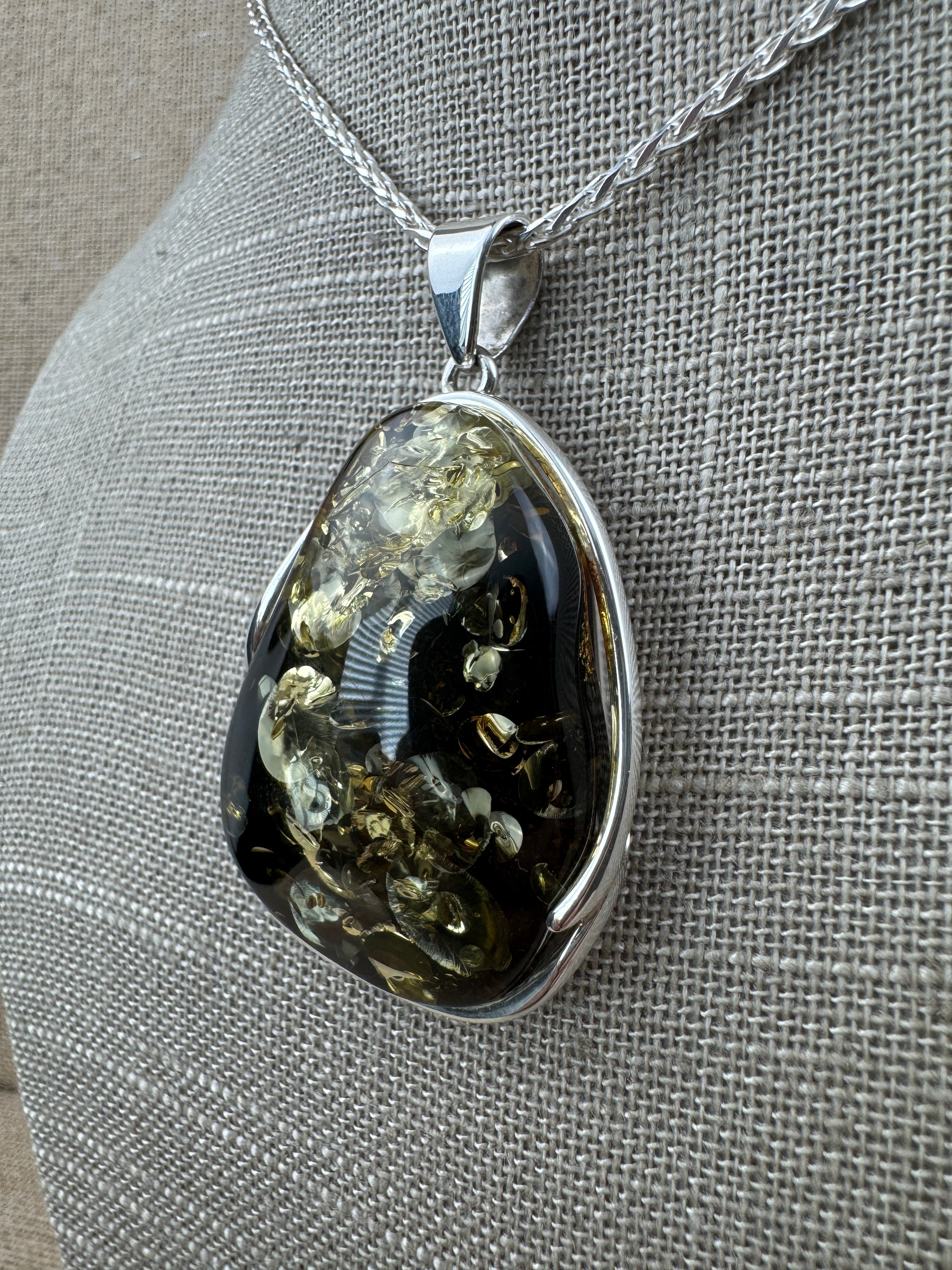 Handmade Sterling Silver Green Baltic Amber Pendant Necklace