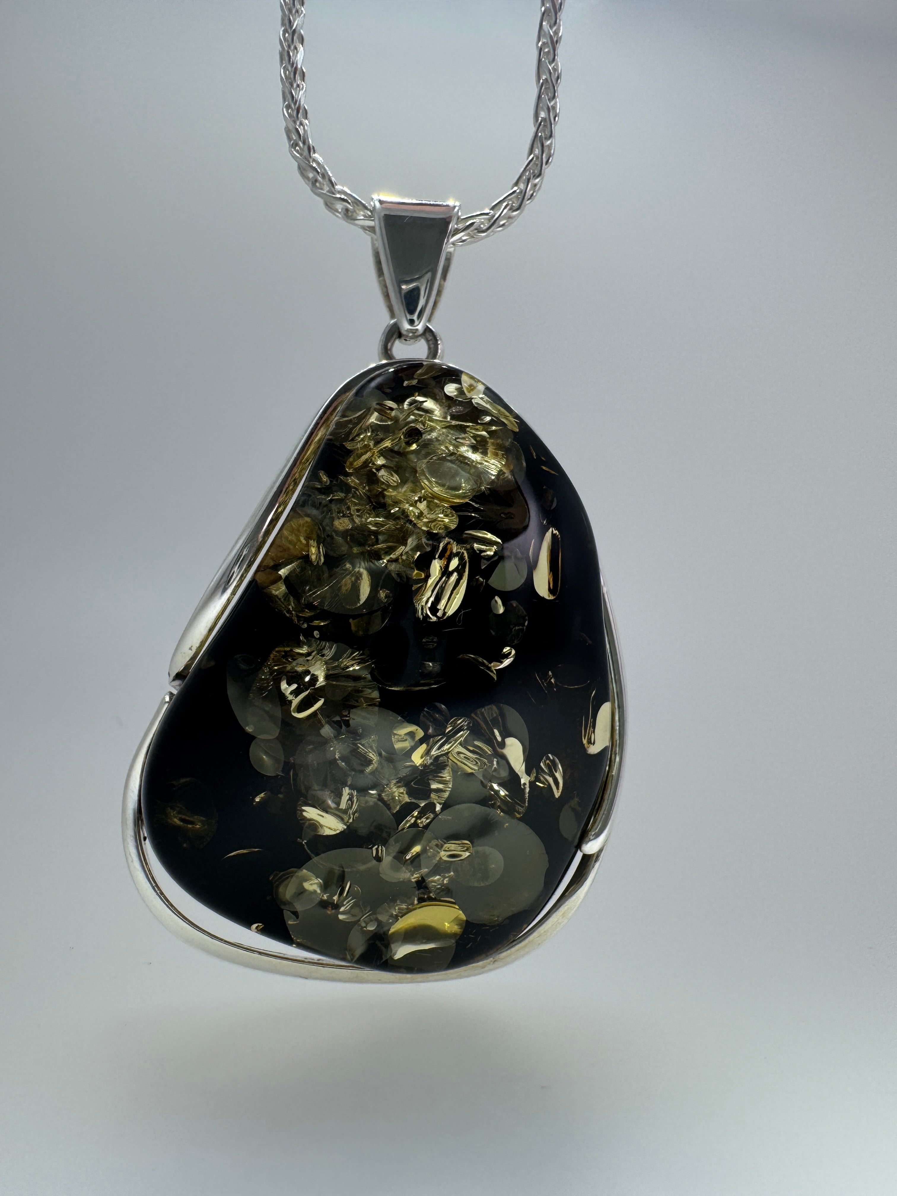 Handmade Sterling Silver Green Baltic Amber Pendant Necklace