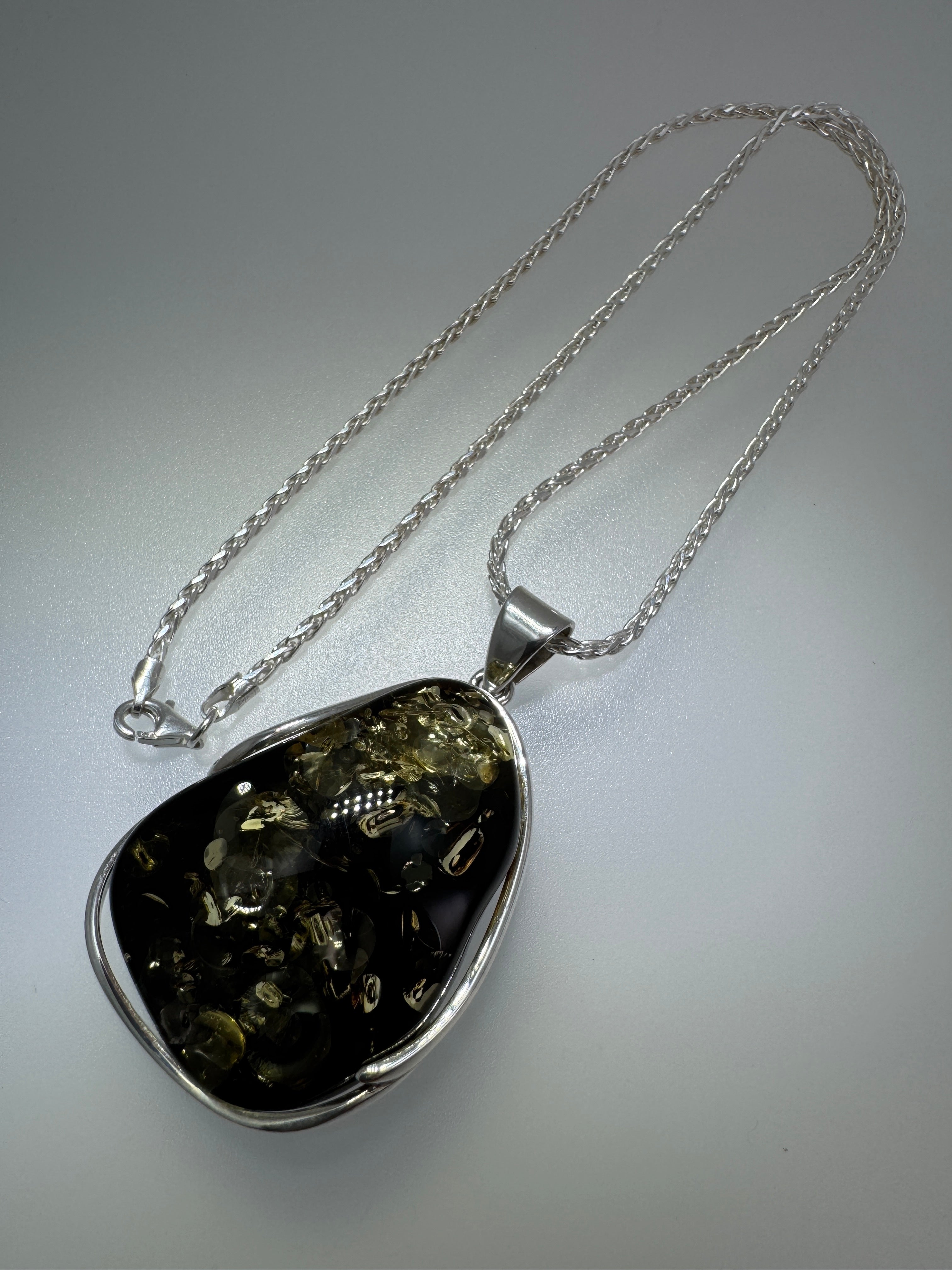 Handmade Sterling Silver Green Baltic Amber Pendant Necklace