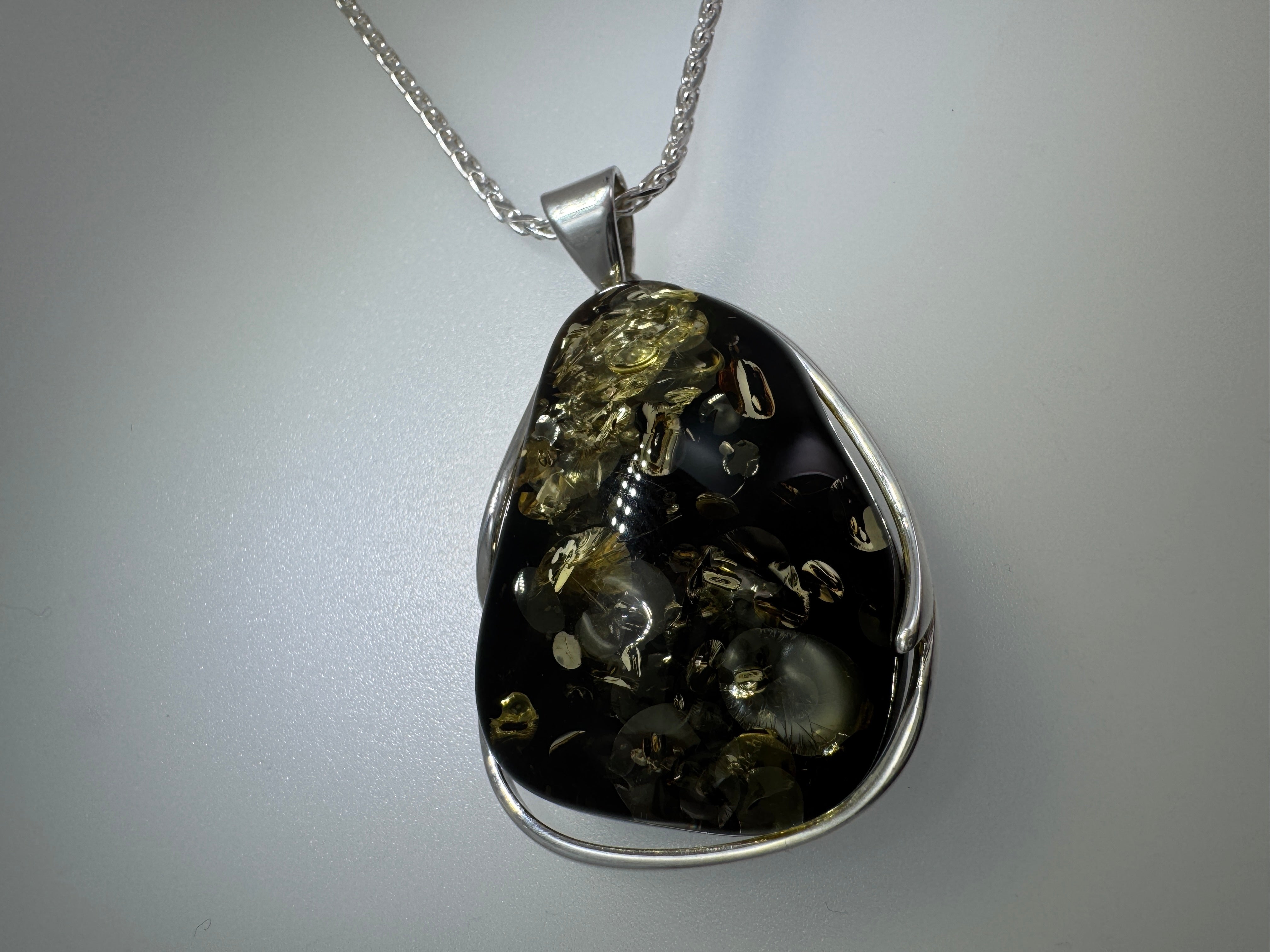 Handmade Sterling Silver Green Baltic Amber Pendant Necklace