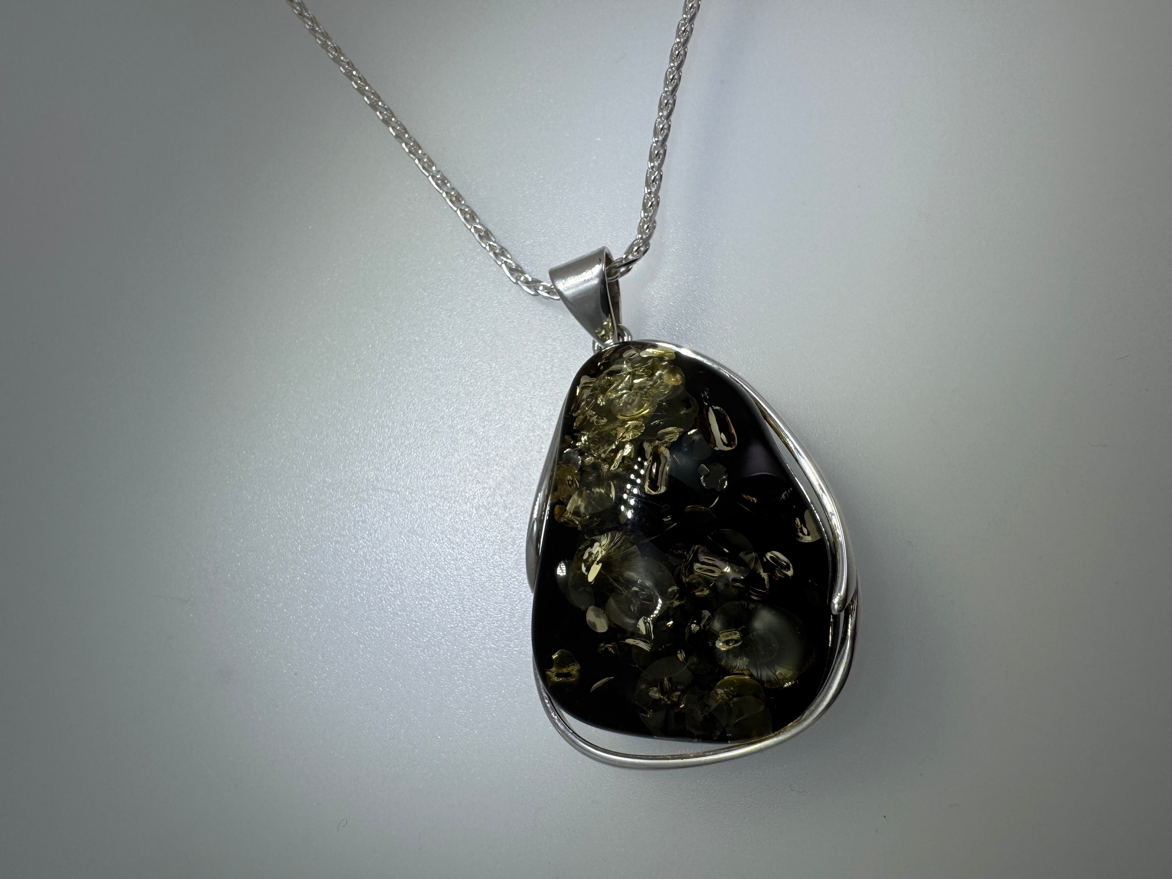Handmade Sterling Silver Green Baltic Amber Pendant Necklace