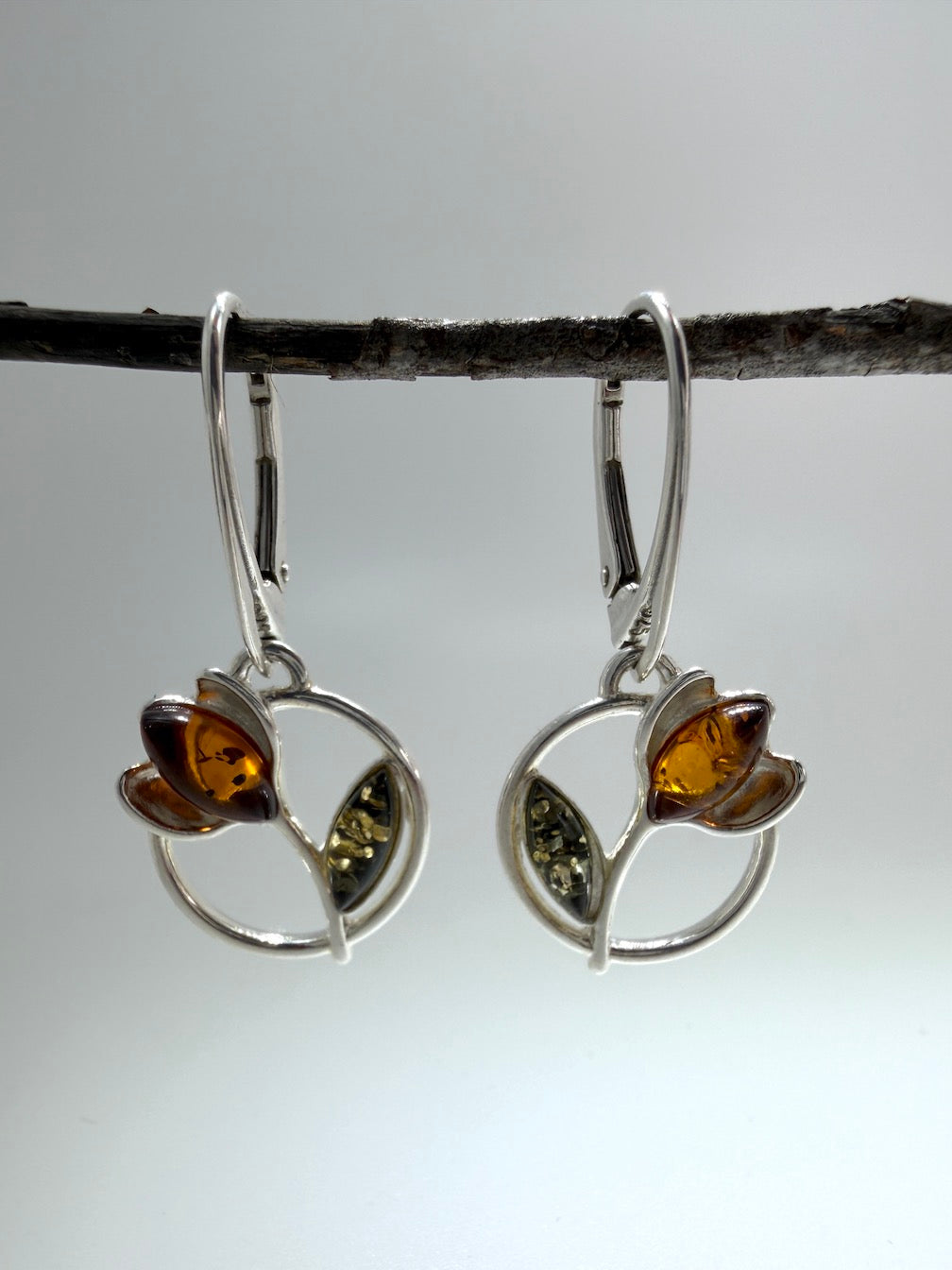 Sterling Silver Honey Amber and Turquoise Tulip Drop Lever Back Earrings | Everyday Lightweight Earrings