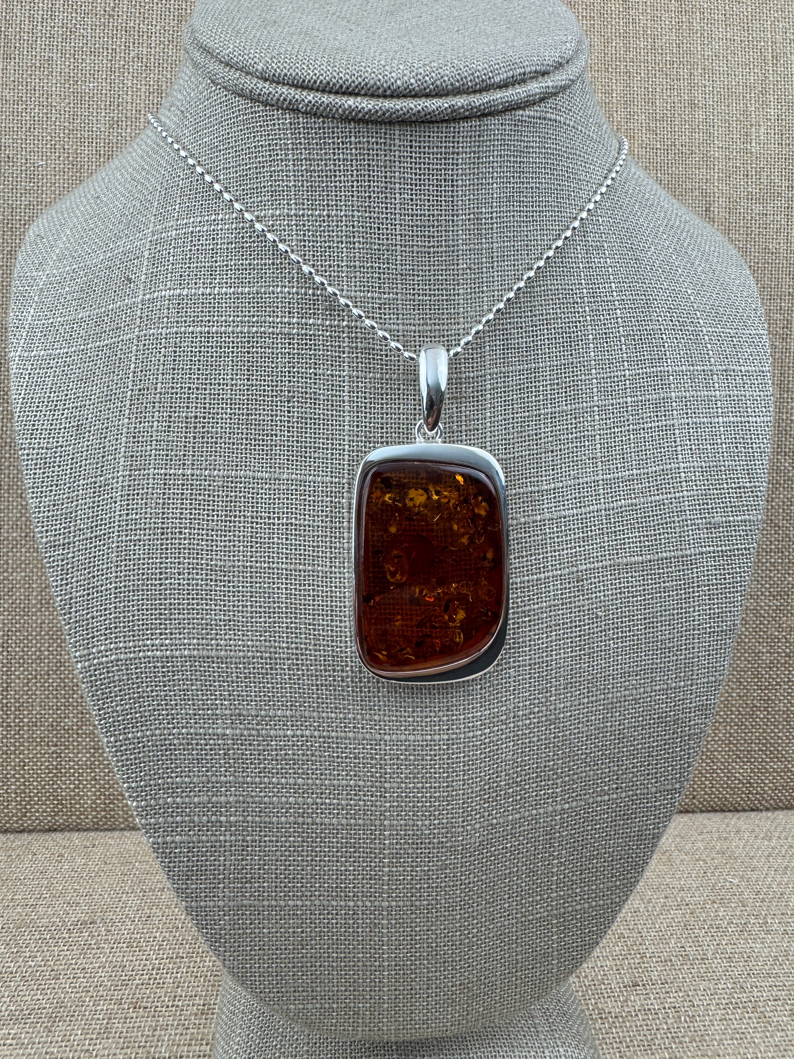 Handmade Sterling Silver Honey Baltic Amber Rectangular Pendant Necklace