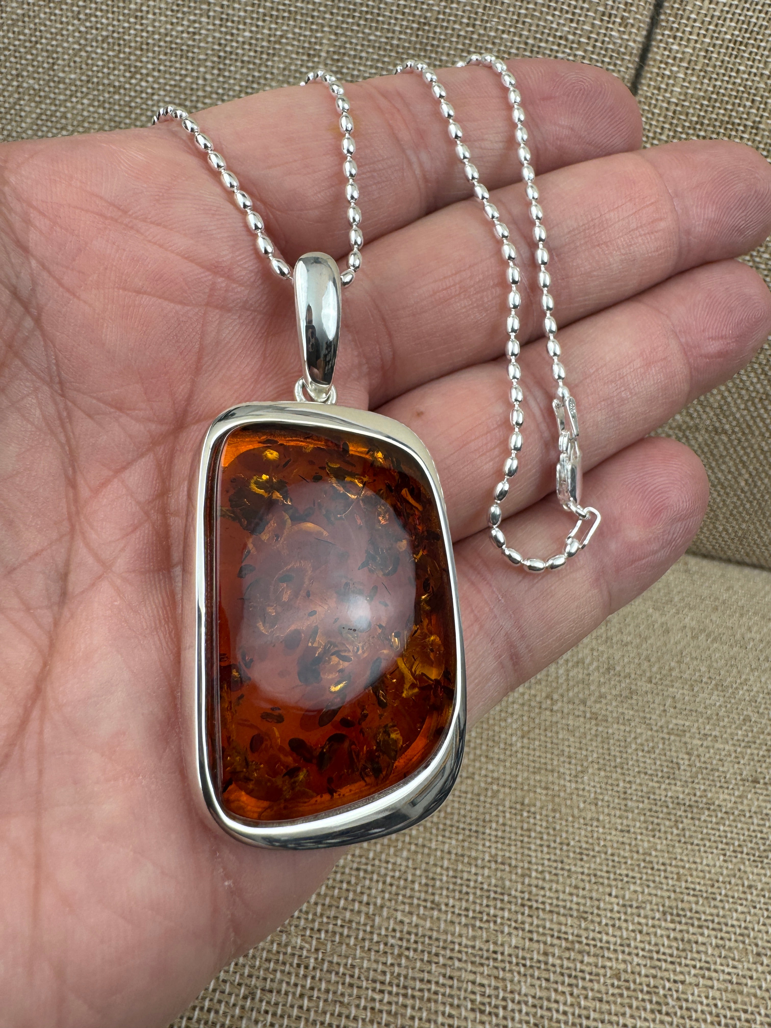 Handmade Sterling Silver Honey Baltic Amber Rectangular Pendant Necklace