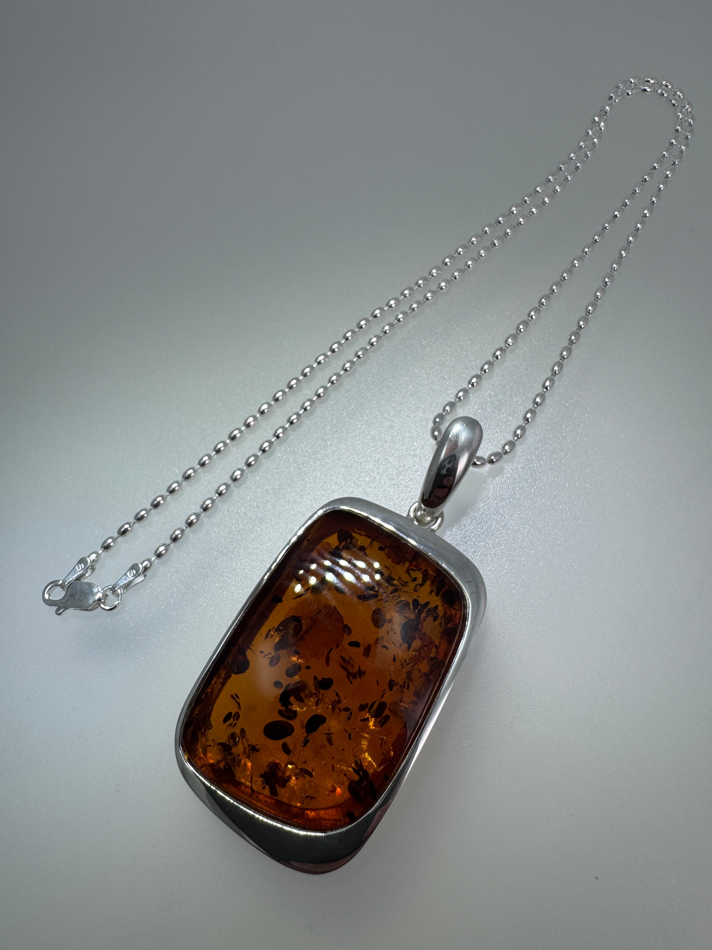 Handmade Sterling Silver Honey Baltic Amber Rectangular Pendant Necklace
