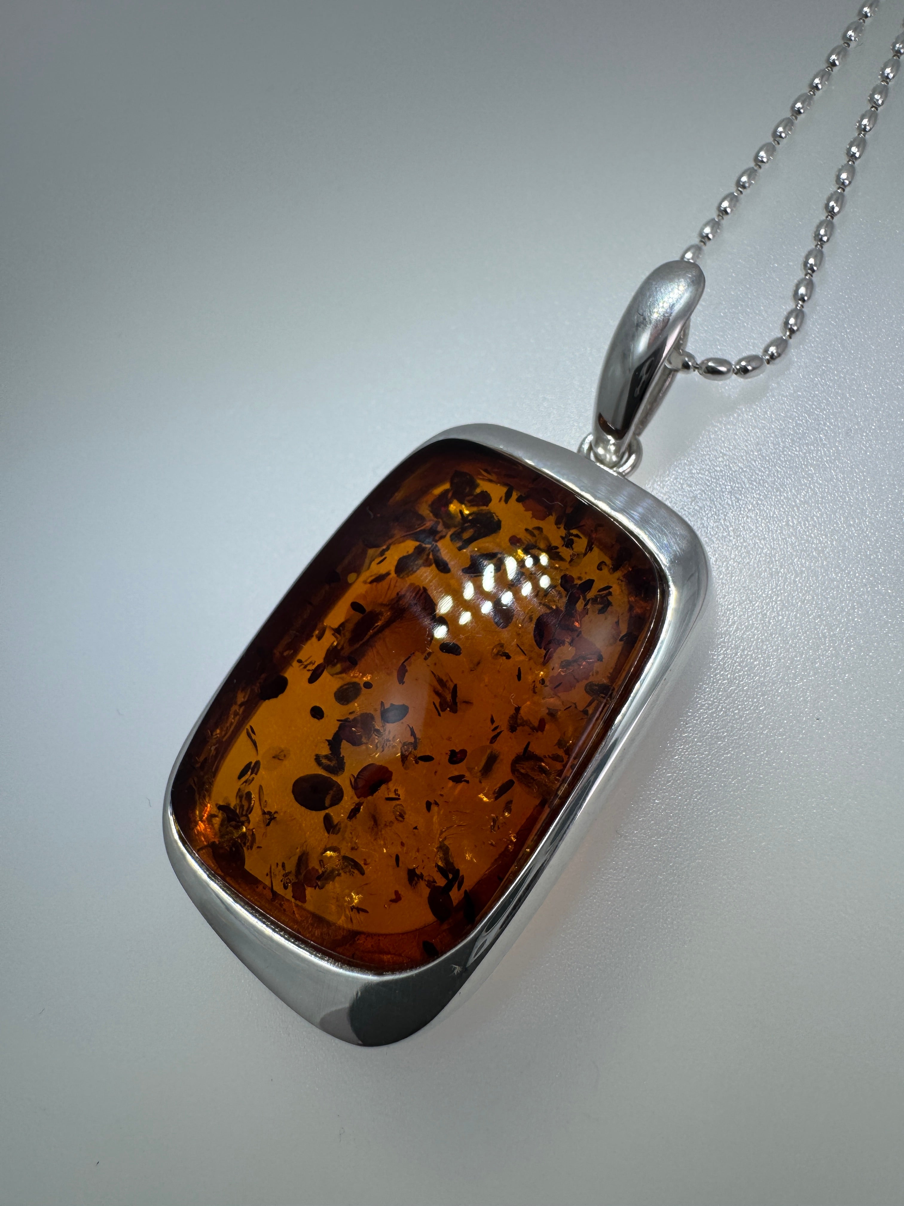 Handmade Sterling Silver Honey Baltic Amber Rectangular Pendant Necklace