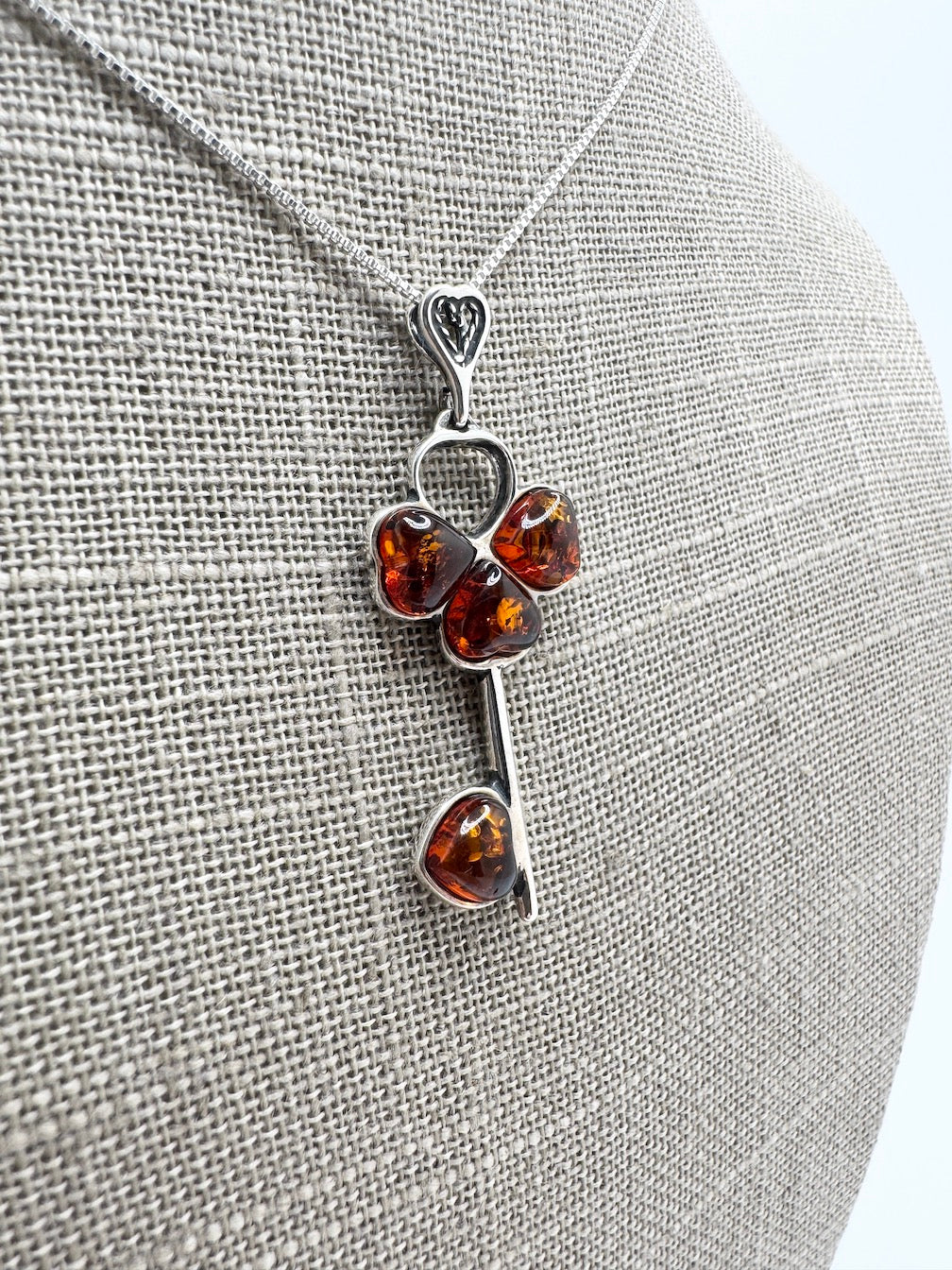 Handmade Sterling Silver Key Pendant with Cognac Baltic Amber Heart Stones | Unique Symbolic Necklace Made in Poland