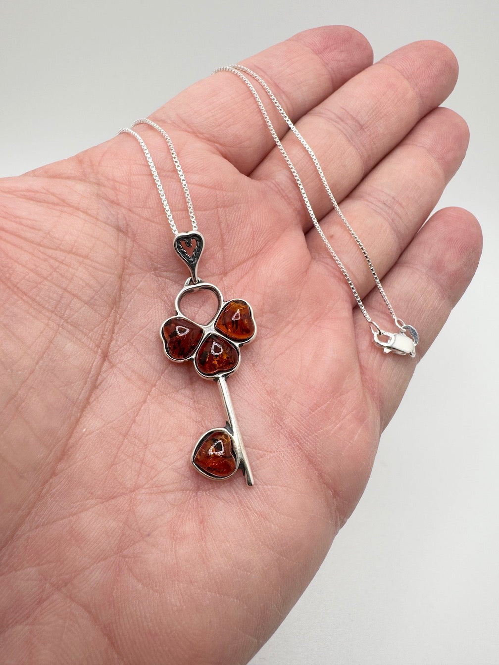 Handmade Sterling Silver Key Pendant with Cognac Baltic Amber Heart Stones | Unique Symbolic Necklace Made in Poland