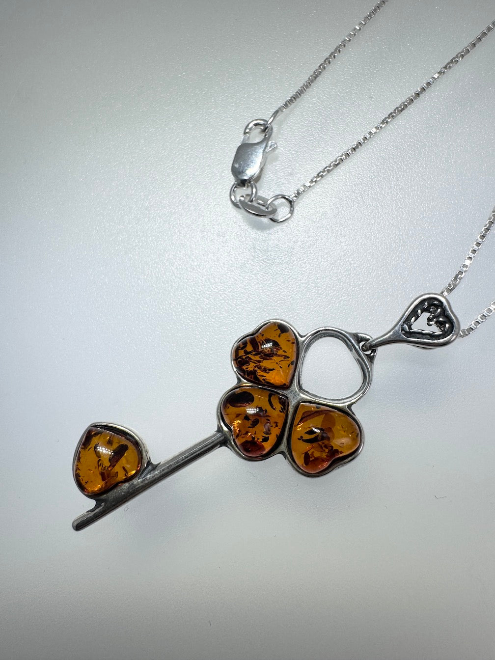 Handmade Sterling Silver Key Pendant with Cognac Baltic Amber Heart Stones | Unique Symbolic Necklace Made in Poland