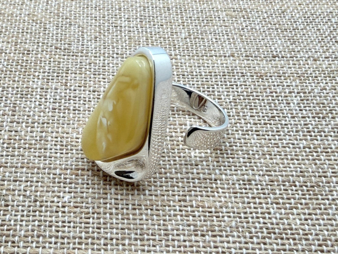 White - Butterscotch Baltic Amber Handmade Sterling Silver Modern Ring – Adjustable Open Shank Design