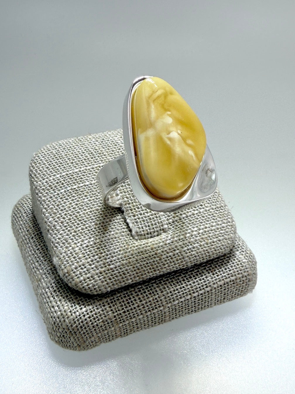 White - Butterscotch Baltic Amber Handmade Sterling Silver Modern Ring – Adjustable Open Shank Design
