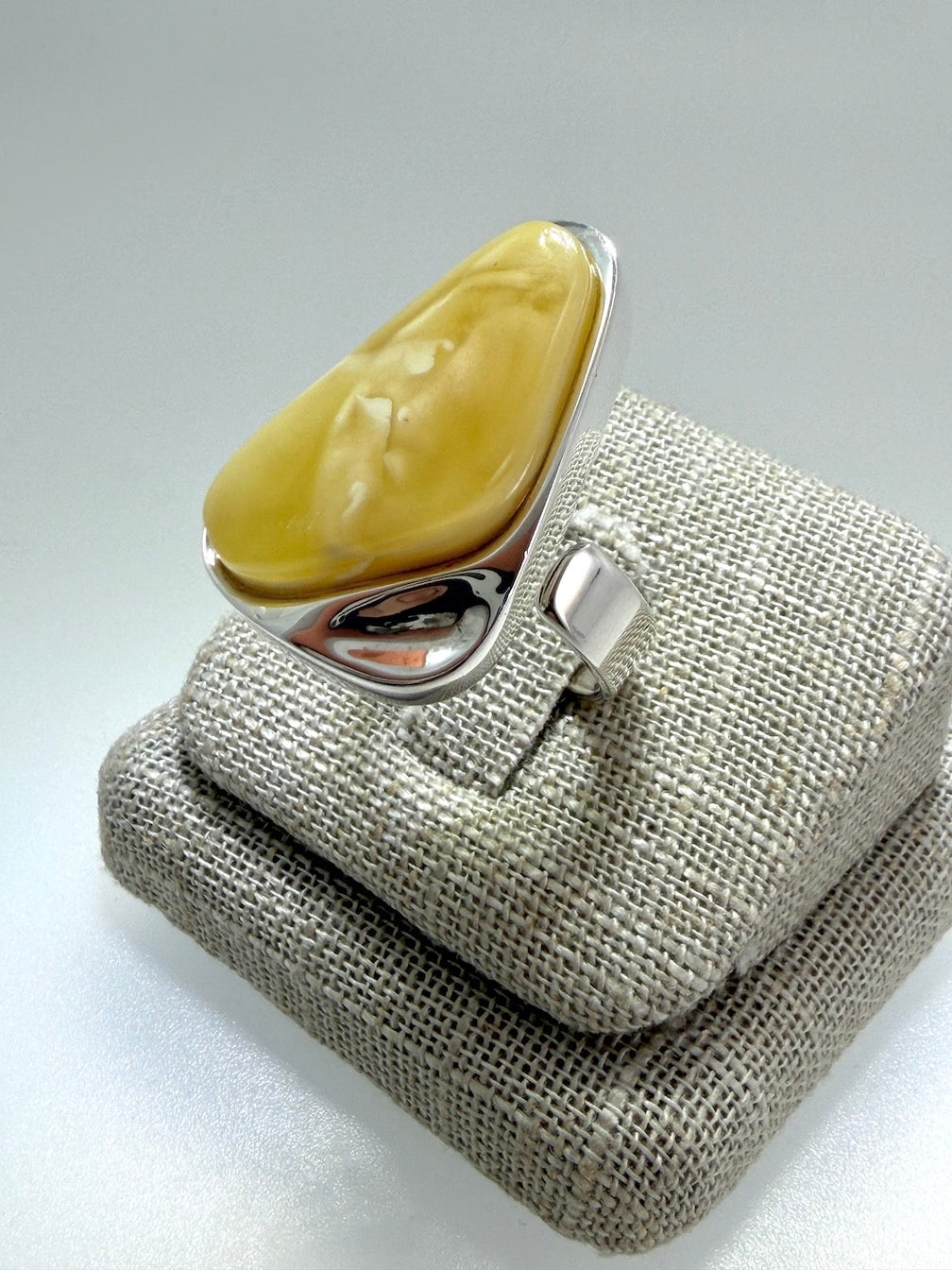 White - Butterscotch Baltic Amber Handmade Sterling Silver Modern Ring – Adjustable Open Shank Design