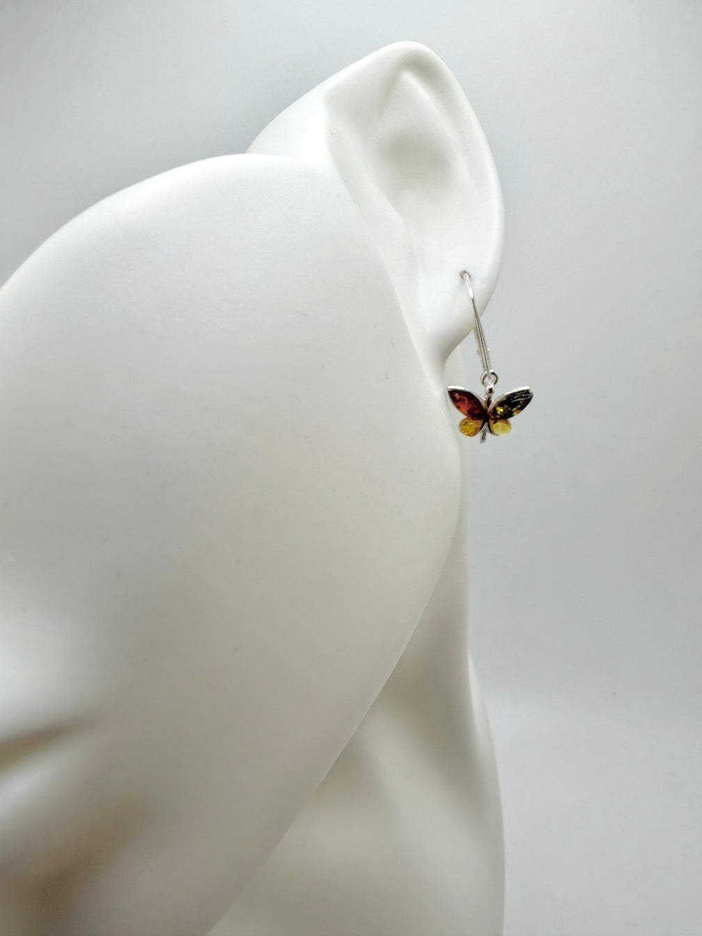Handmade Sterling Silver Multicolor Baltic Amber Butterfly Drop Earrings | Honey Green Lemon Amber | Lever Back | Whimsical Polish Design