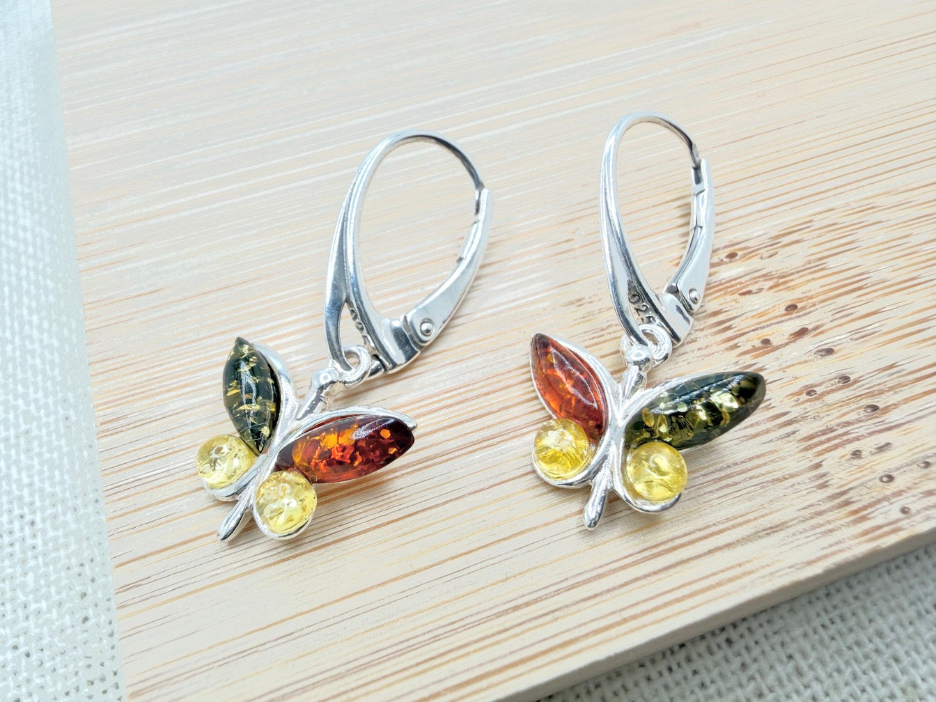 Handmade Sterling Silver Multicolor Baltic Amber Butterfly Drop Earrings | Honey Green Lemon Amber | Lever Back | Whimsical Polish Design