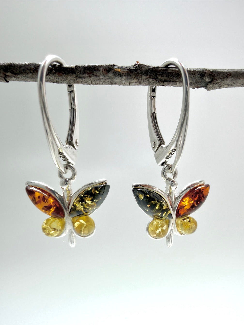 Handmade Sterling Silver Multicolor Baltic Amber Butterfly Drop Earrings | Honey Green Lemon Amber | Lever Back | Whimsical Polish Design