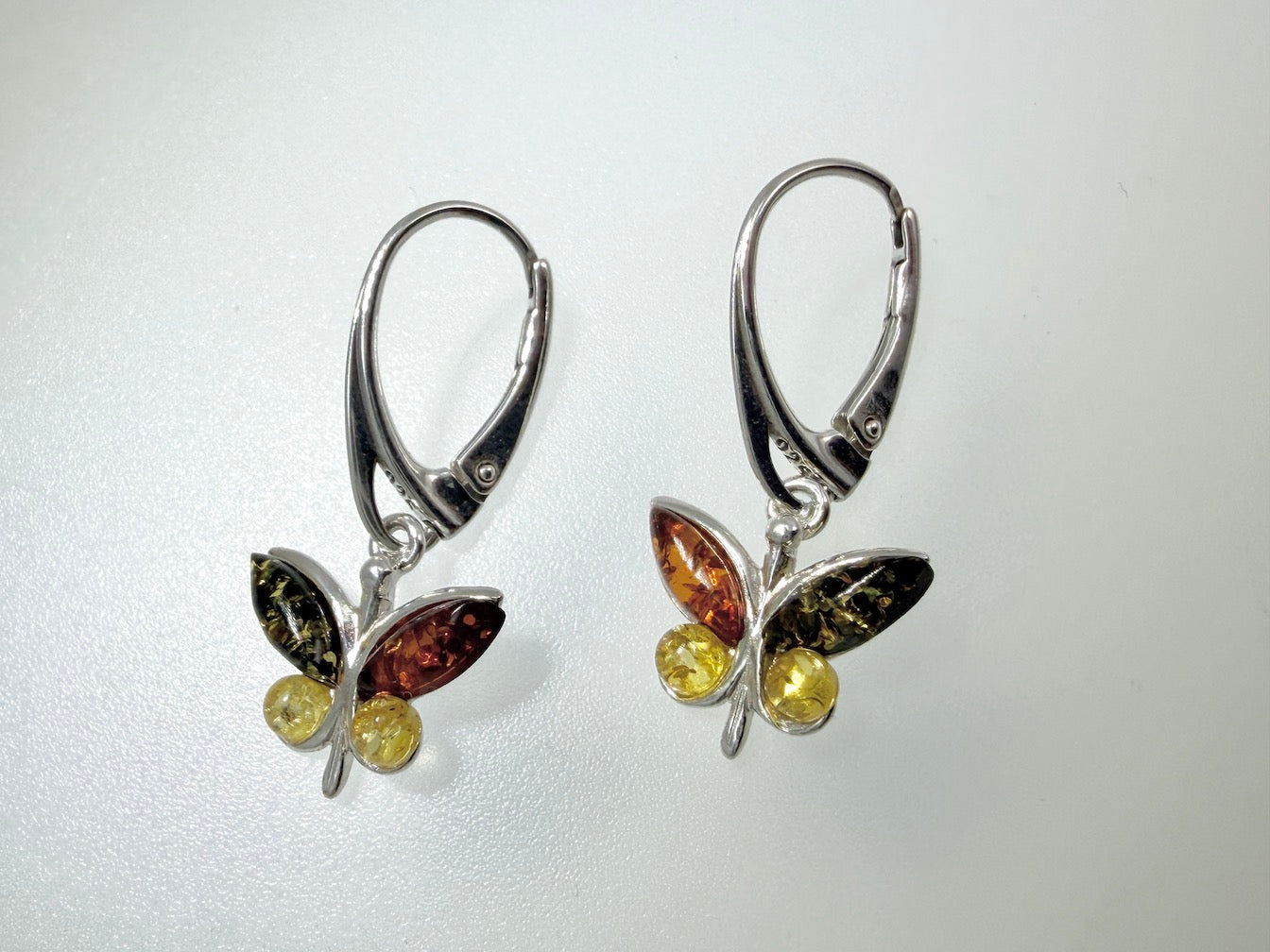 Handmade Sterling Silver Multicolor Baltic Amber Butterfly Drop Earrings | Honey Green Lemon Amber | Lever Back | Whimsical Polish Design