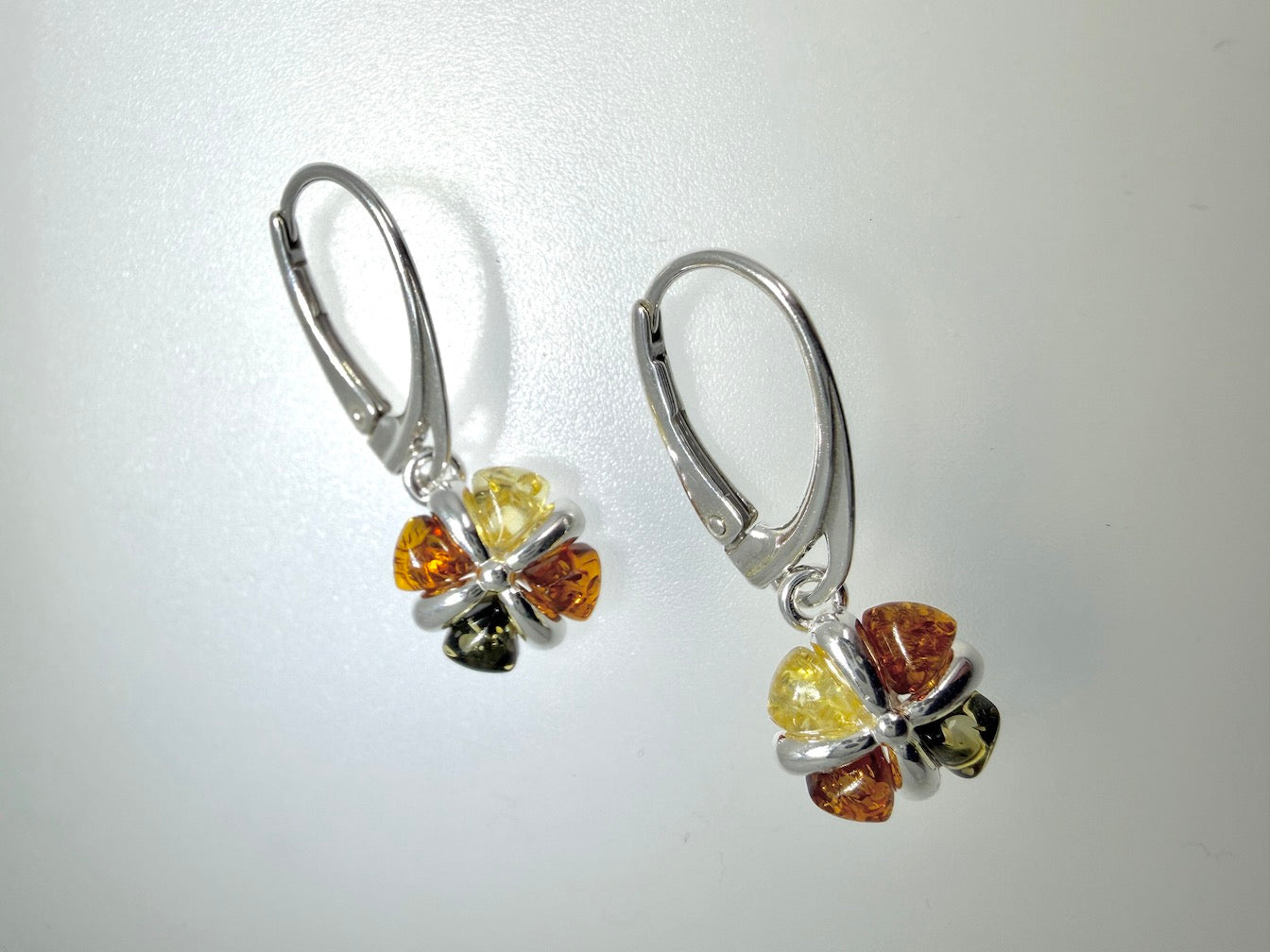 Handmade Sterling Silver Multicolor Baltic Amber Crisscross Drop Lever Back Earrings | Cognac Green Lemon | Everyday Lightweight Earrings