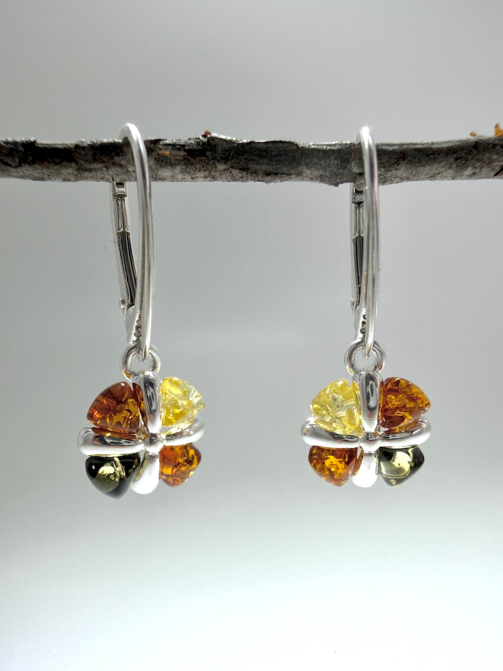 Handmade Sterling Silver Multicolor Baltic Amber Crisscross Drop Lever Back Earrings | Cognac Green Lemon | Everyday Lightweight Earrings
