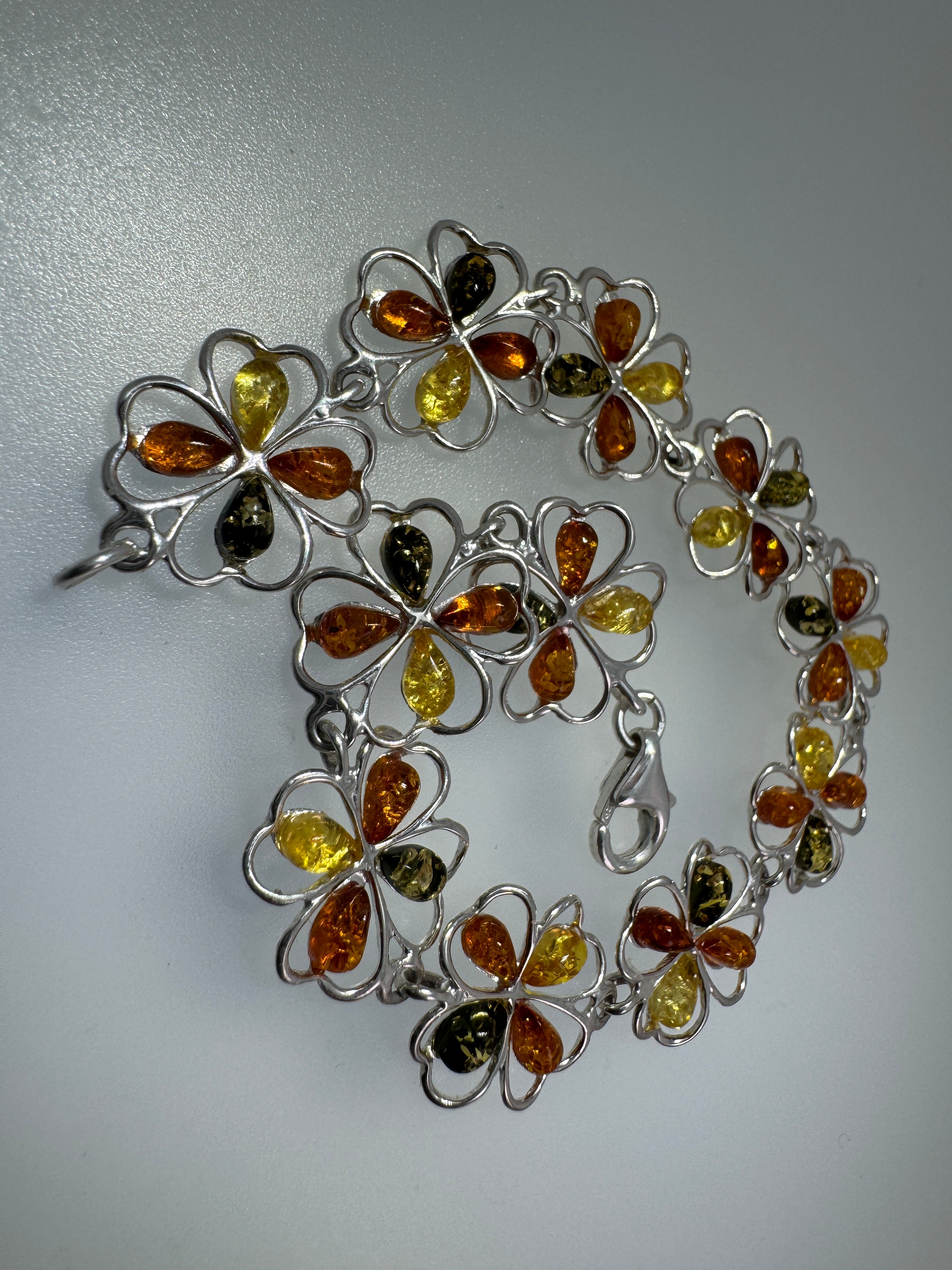 Handmade Sterling Silver Multicolor Baltic Amber Flower Link Bracelet – Cognac, Green & Lemon Amber – Sizes 7” or 7.5” – Made in Poland