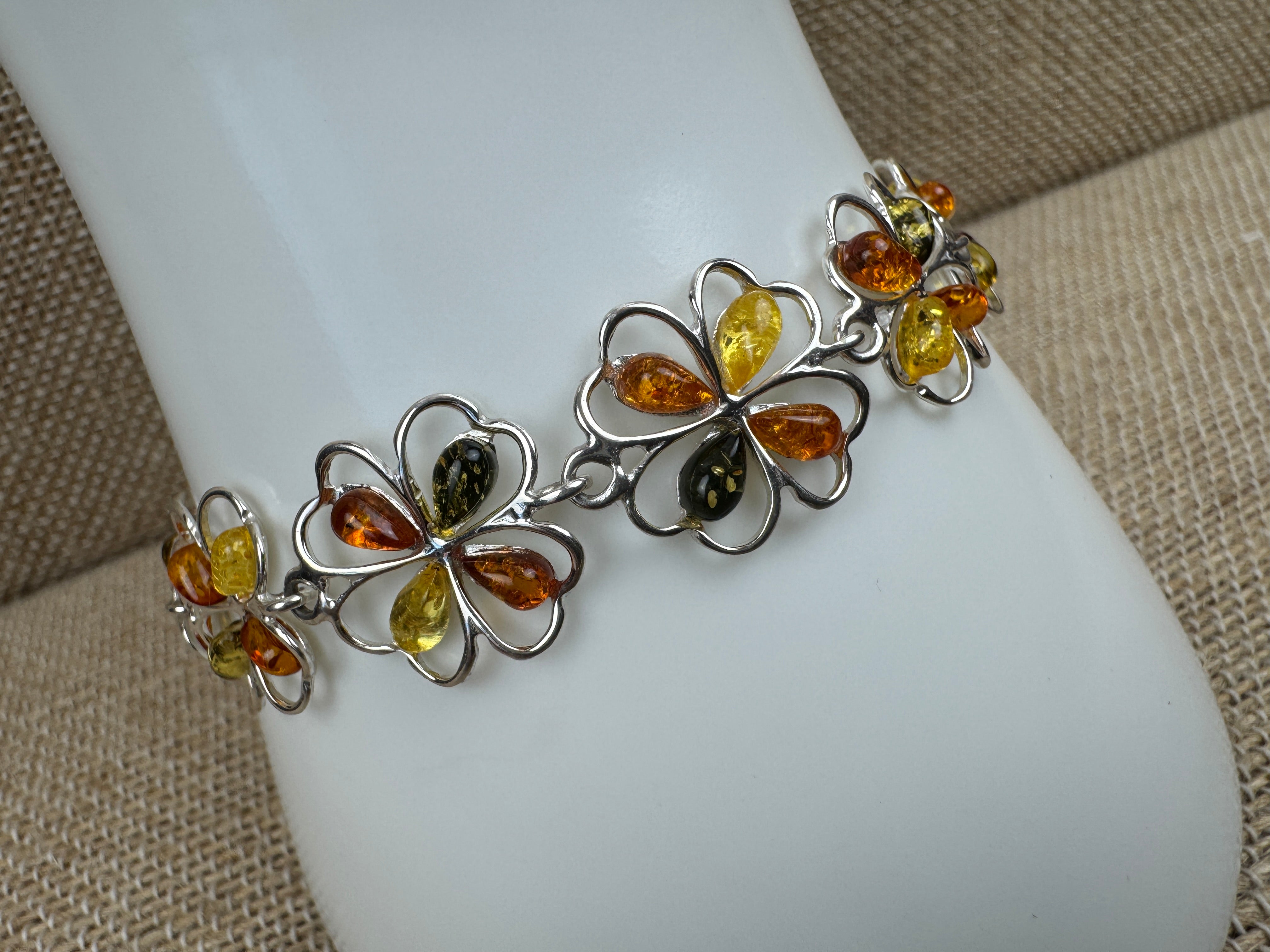 Handmade Sterling Silver Multicolor Baltic Amber Flower Link Bracelet – Cognac, Green & Lemon Amber – Sizes 7” or 7.5” – Made in Poland